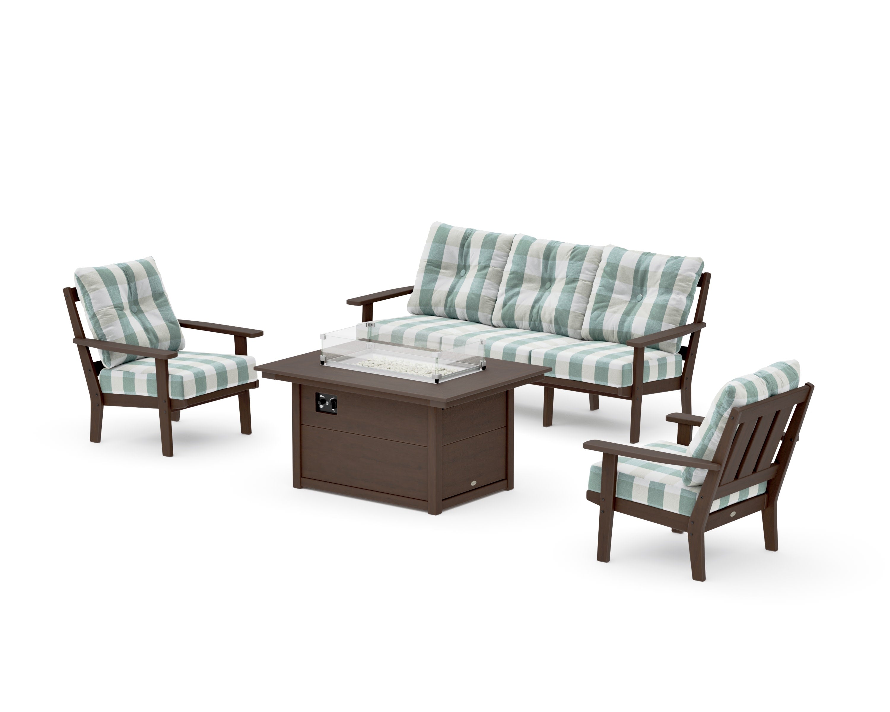 Oxford Deep Seating Fire Pit Table Set in Kona / Buffalo Plaid Glacier Spa