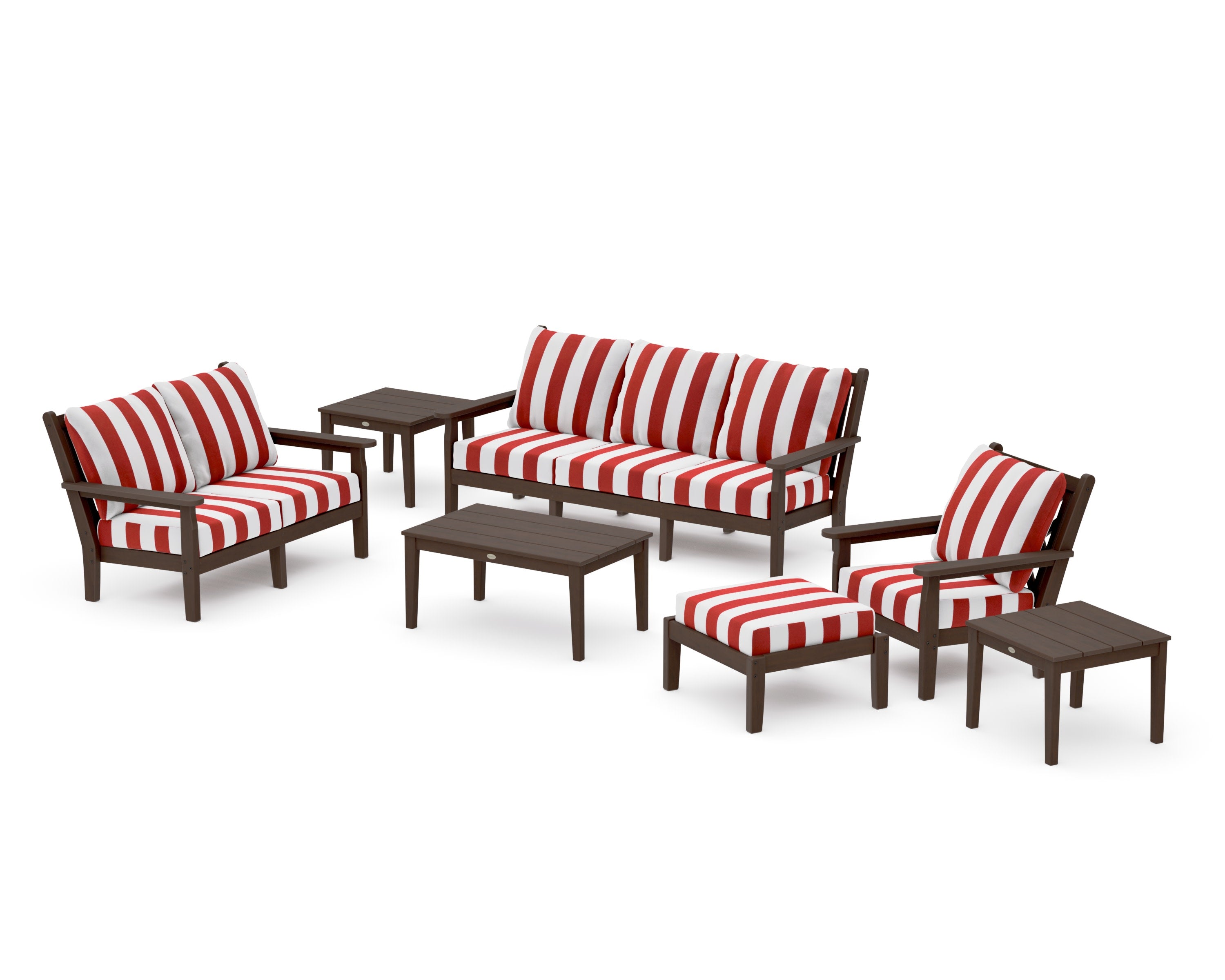 Chippendale 7-Piece Deep Seating Set in Kona / Cabana Stripe Crimson