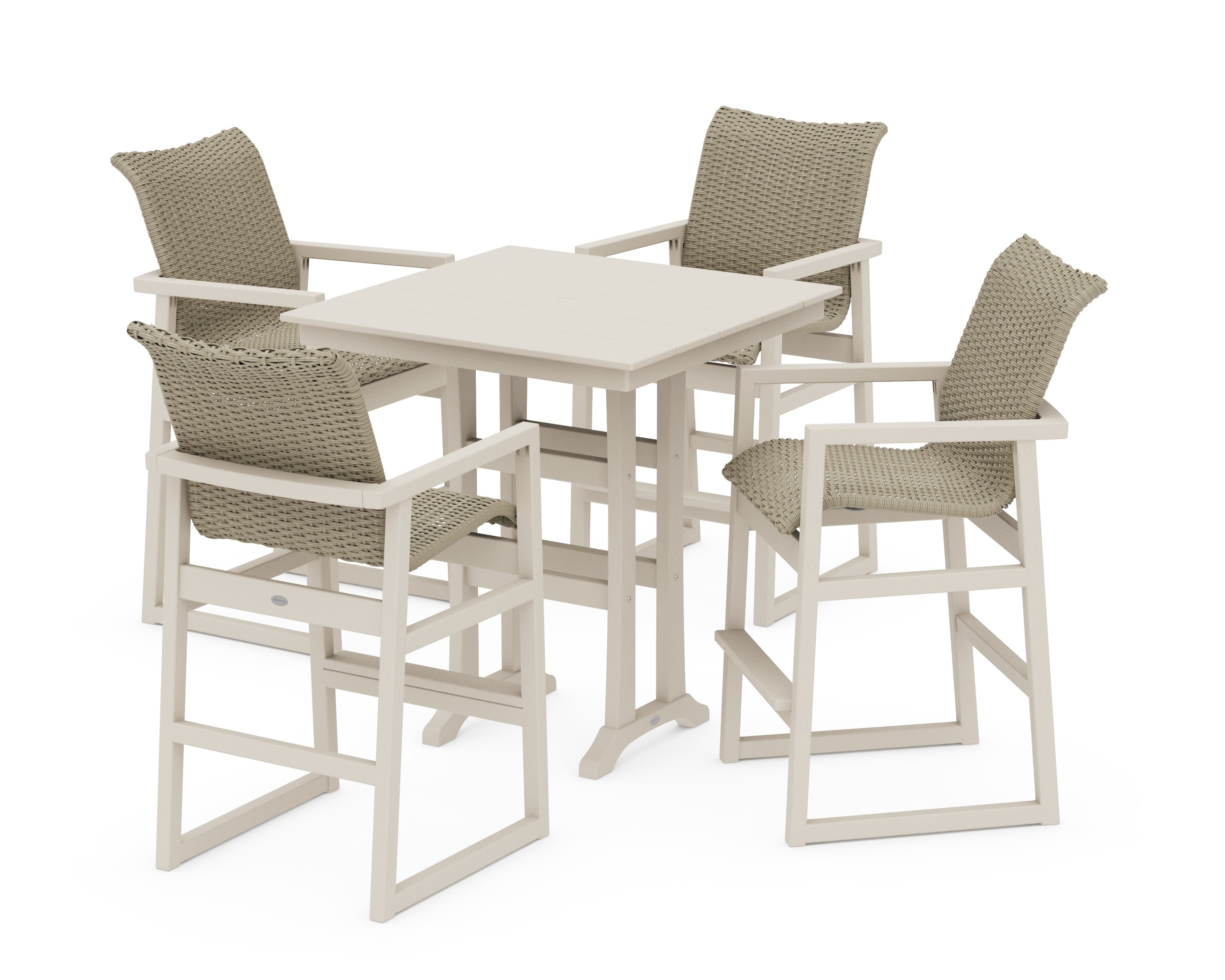 EDGE Woven 5-Piece Farmhouse Bar Set with Trestle Legs in Sand / Dune Grass