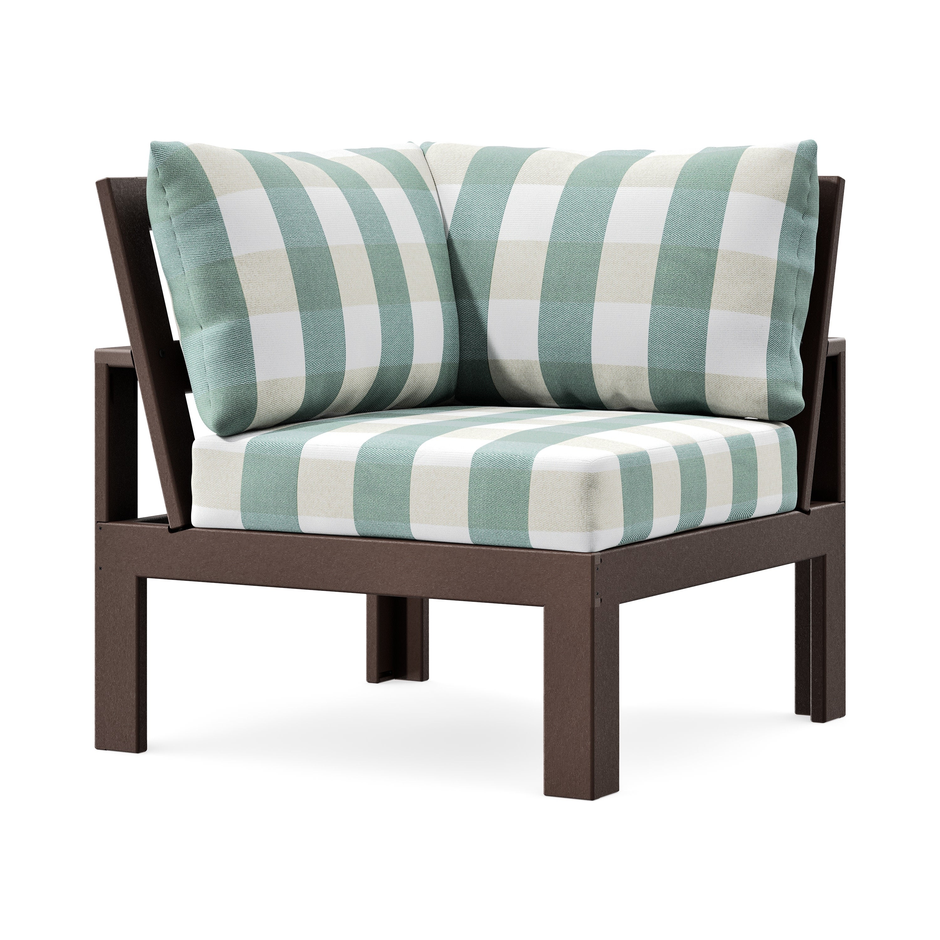 Modular Corner Chair in Mahogany / Buffalo Plaid Glacier Spa