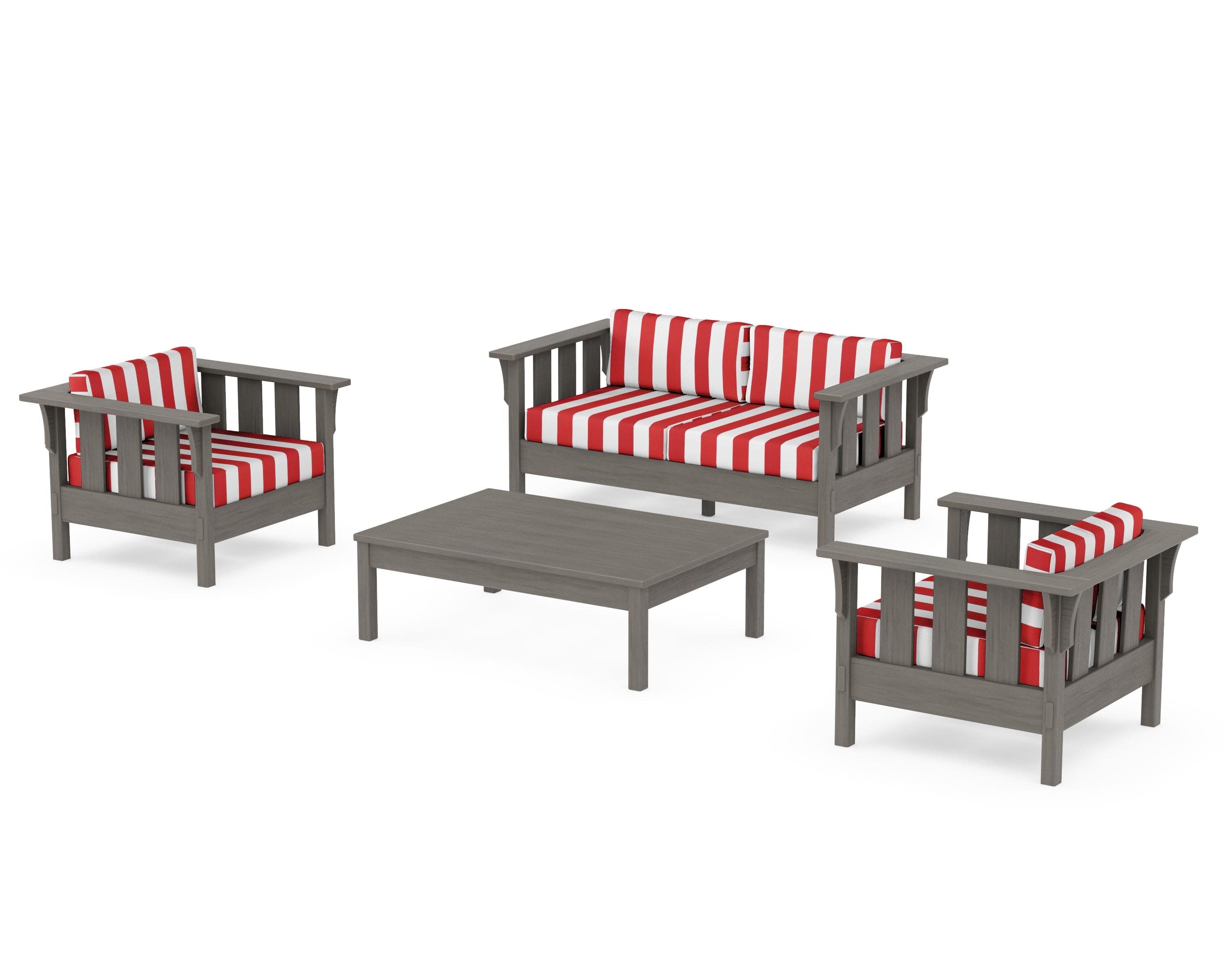 Acadia 4-Piece Deep Seating Set with Loveseat in Driftwood / Cabana Stripe Crimson