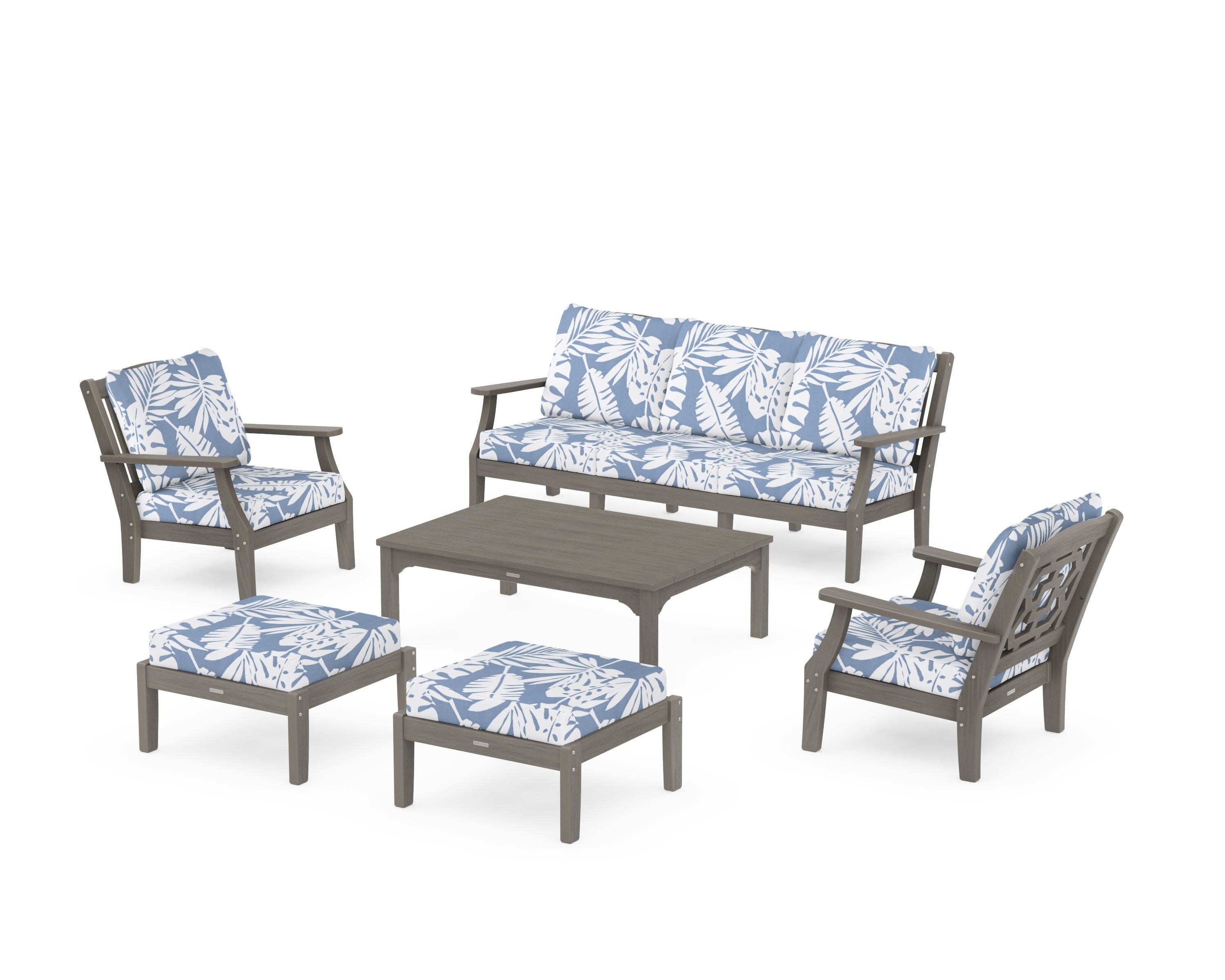 Chinoiserie 6-Piece Lounge Sofa Set in Driftwood / Leaf Sky Blue