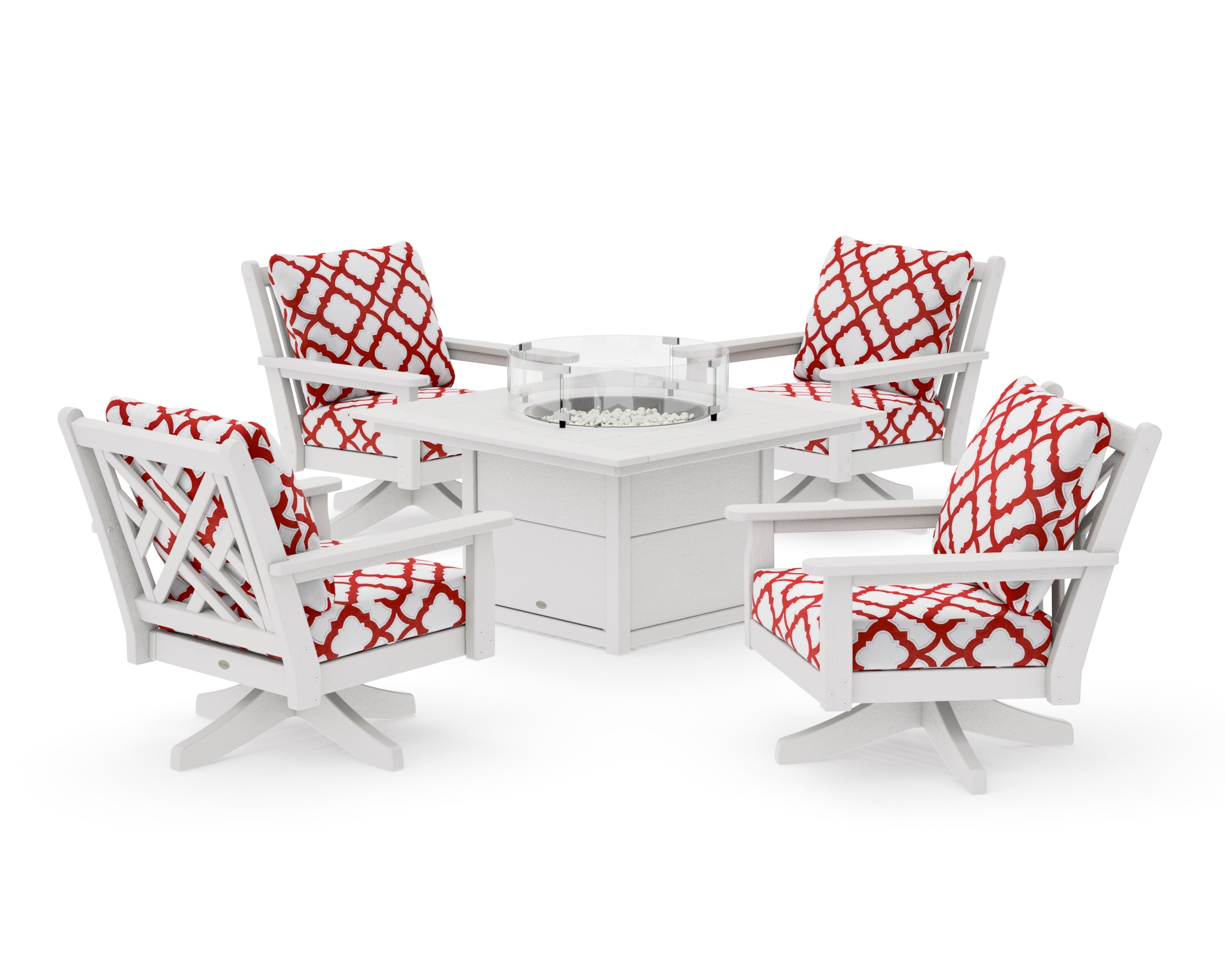 Chippendale 5-Piece Deep Seating Swivel Conversation Set with Fire Pit Table in Vintage White / Trellis Crimson