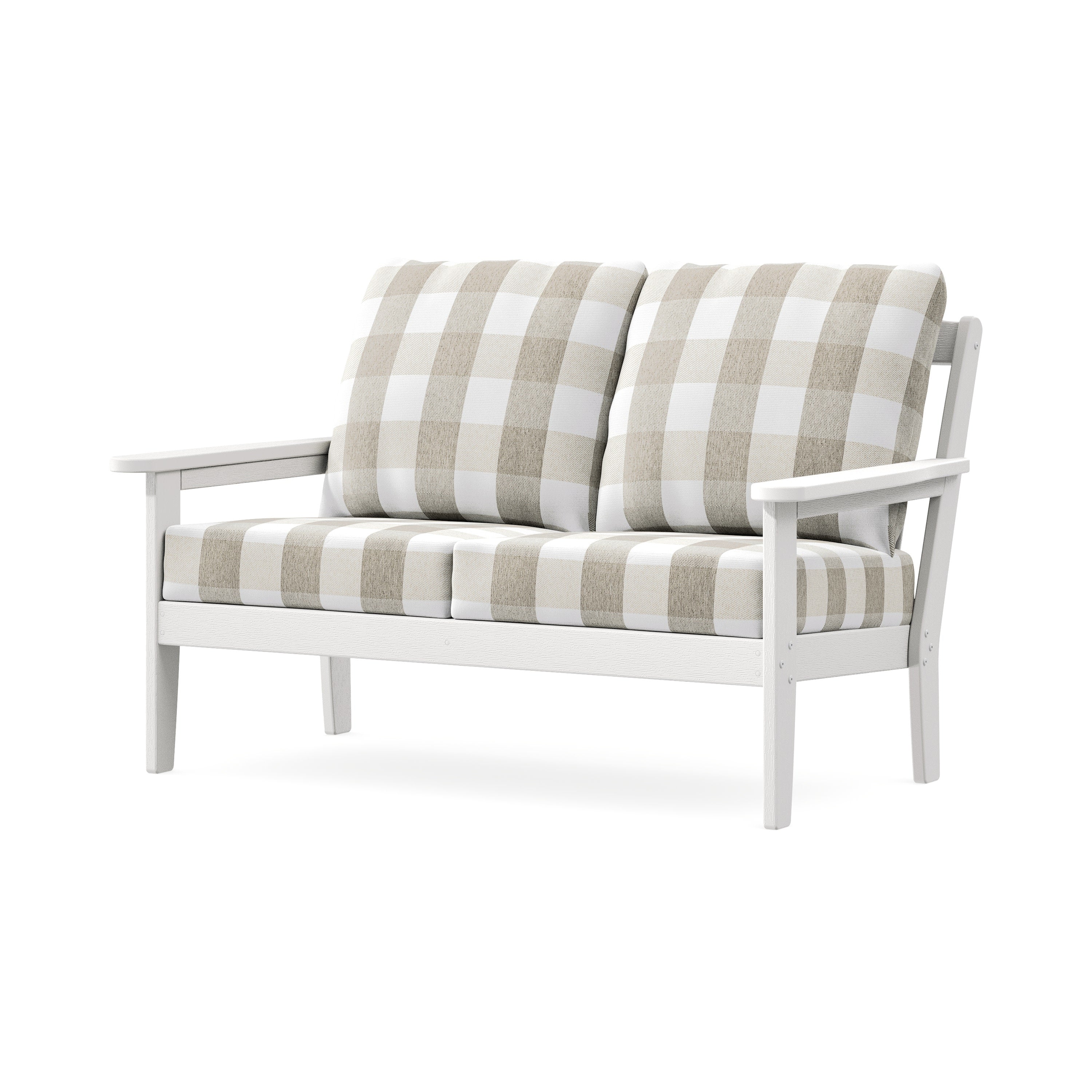Cottage Deep Seating Loveseat in Vintage White / Buffalo Plaid Dune Burlap