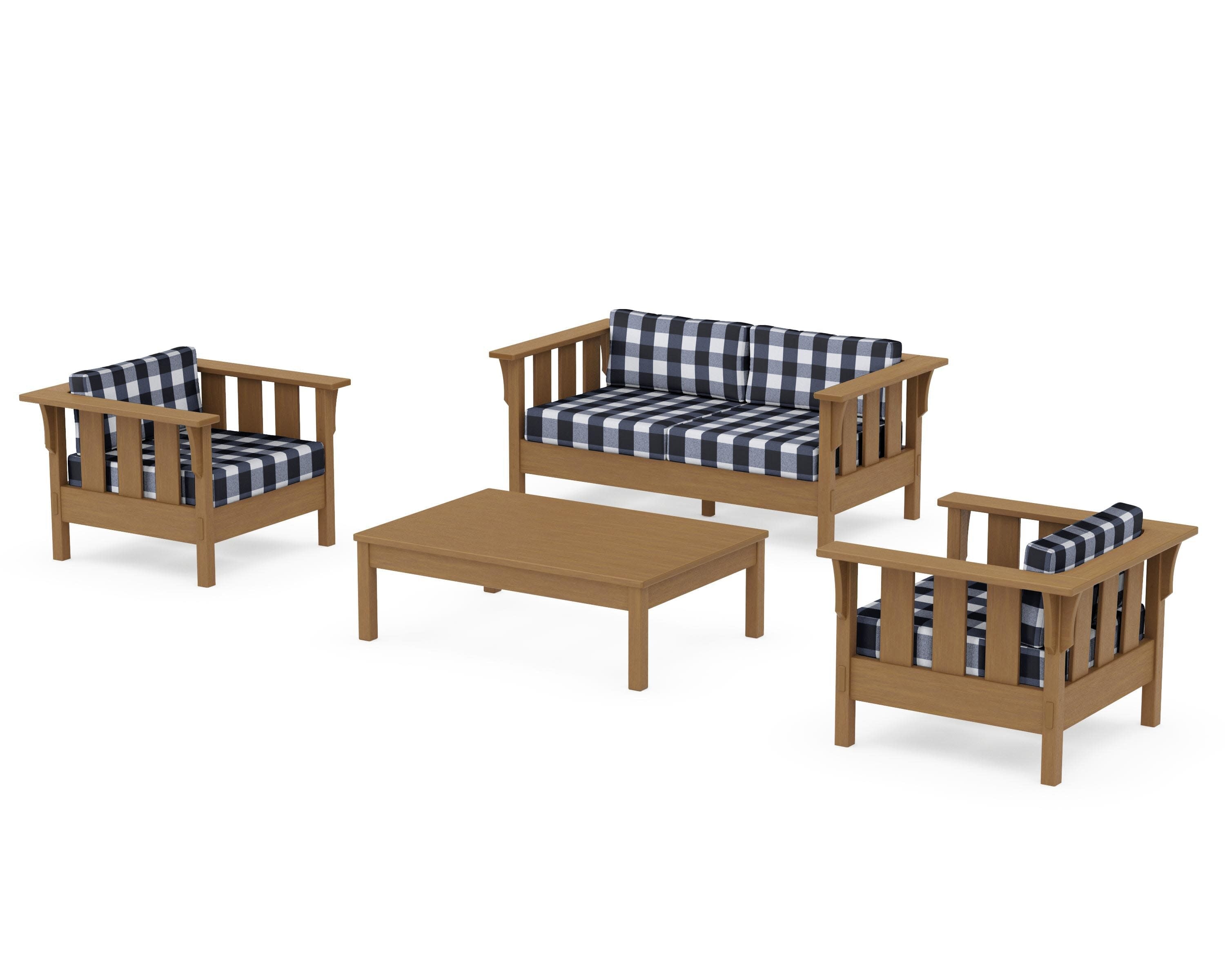Acadia 4-Piece Deep Seating Set with Loveseat in Natural / Buffalo Plaid Marine Indigo