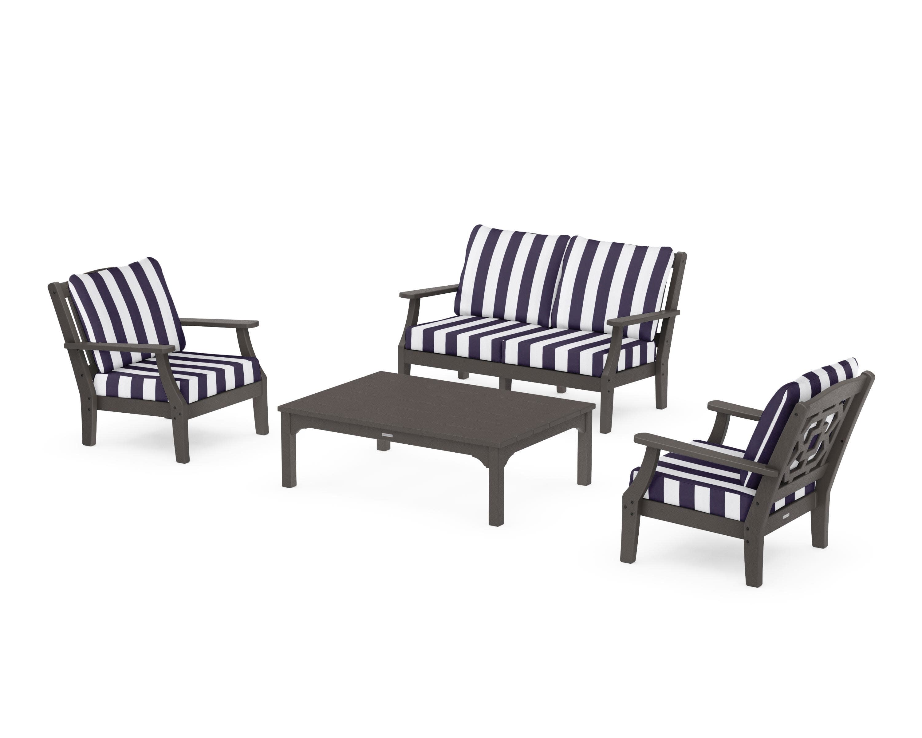 Chinoiserie 4-Piece Deep Seating Set with Loveseat in Vintage Coffee / Cabana Stripe Navy