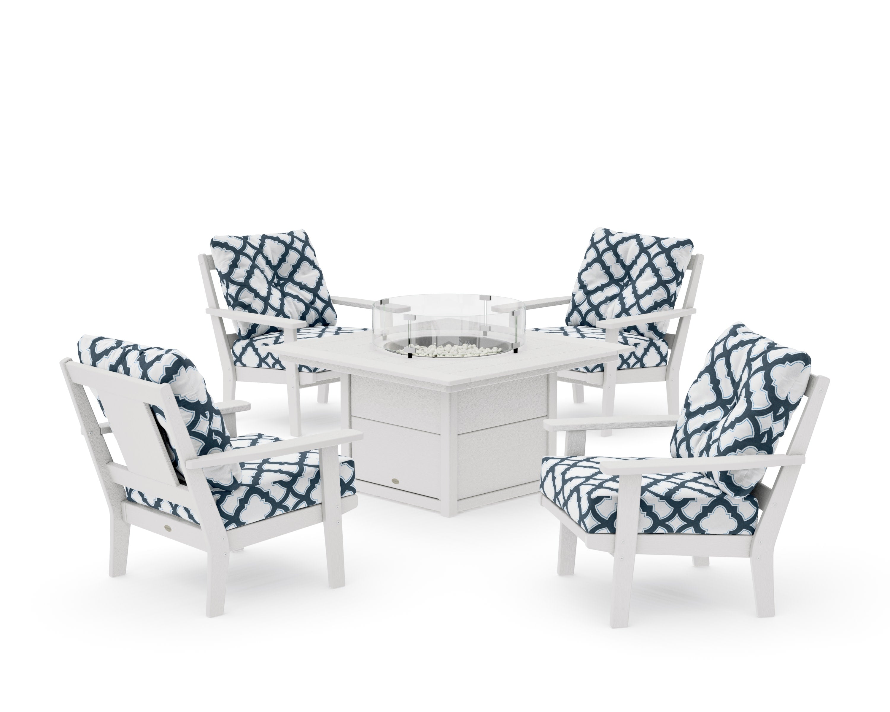 Prairie 5-Piece Deep Seating Set with Fire Pit Table in Vintage White / Trellis Marine Indigo