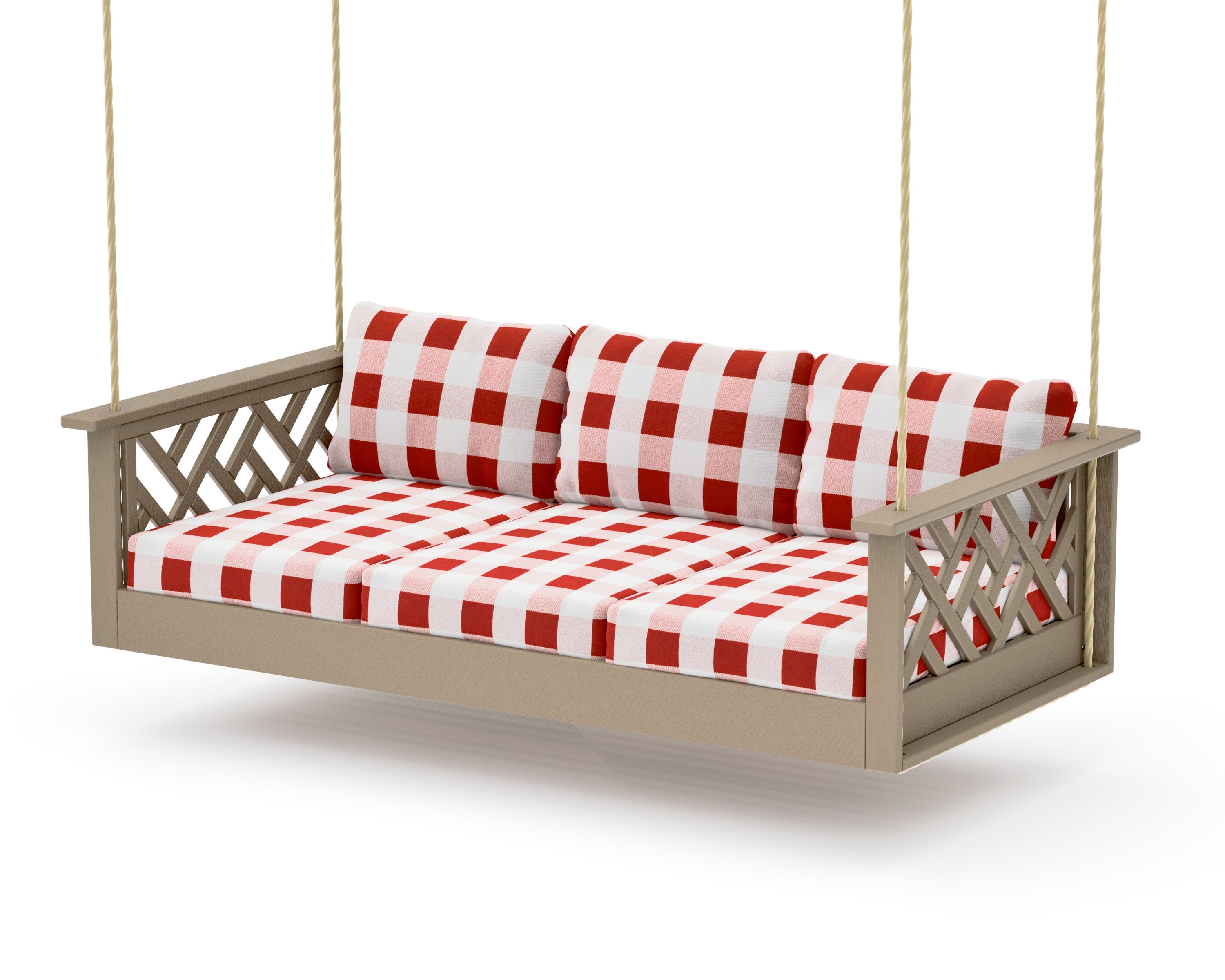 Chippendale Daybed Swing in Vintage Sahara / Buffalo Plaid Crimson
