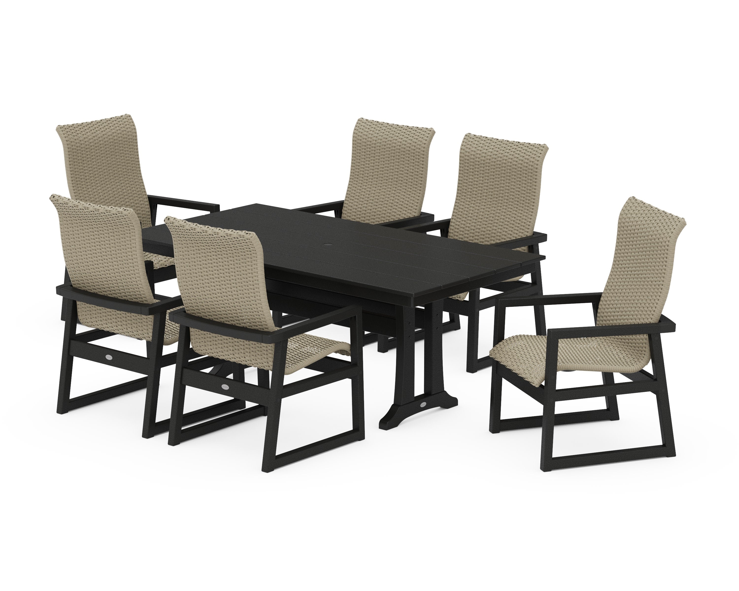 EDGE Woven Highback Arm Chair 7-Piece Farmhouse Dining Set with Trestle Legs in Black / Dune Grass