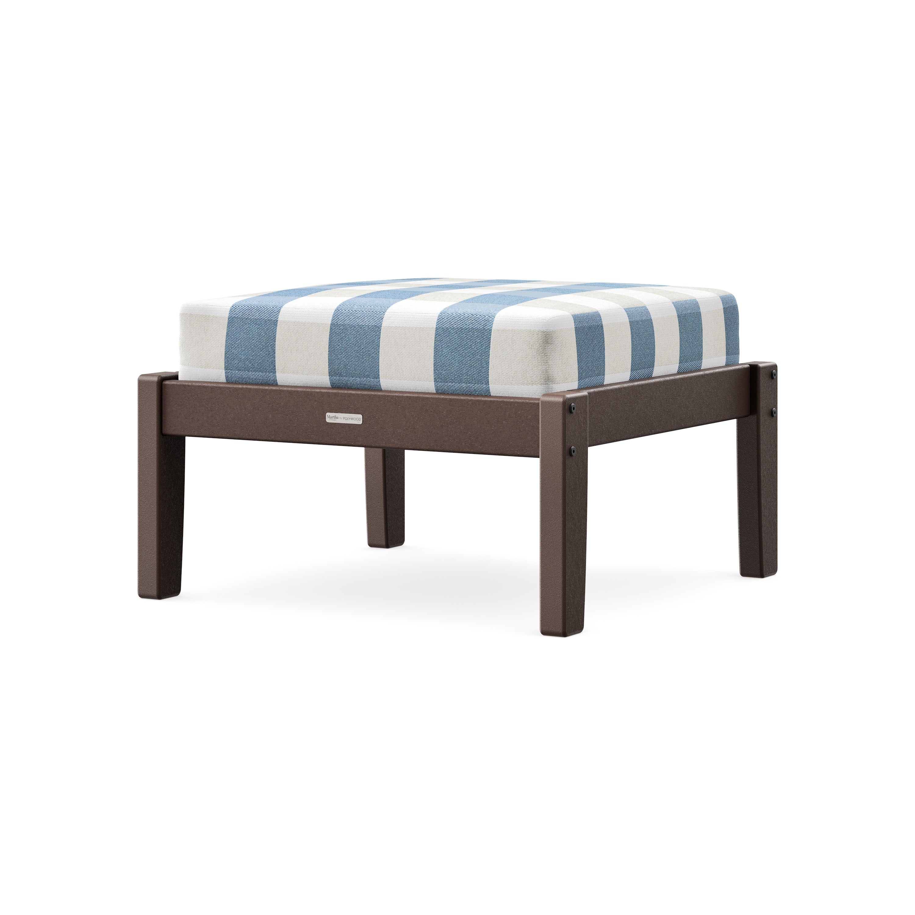 Chinoiserie Deep Seating Ottoman in Mahogany / Buffalo Plaid Sky Blue