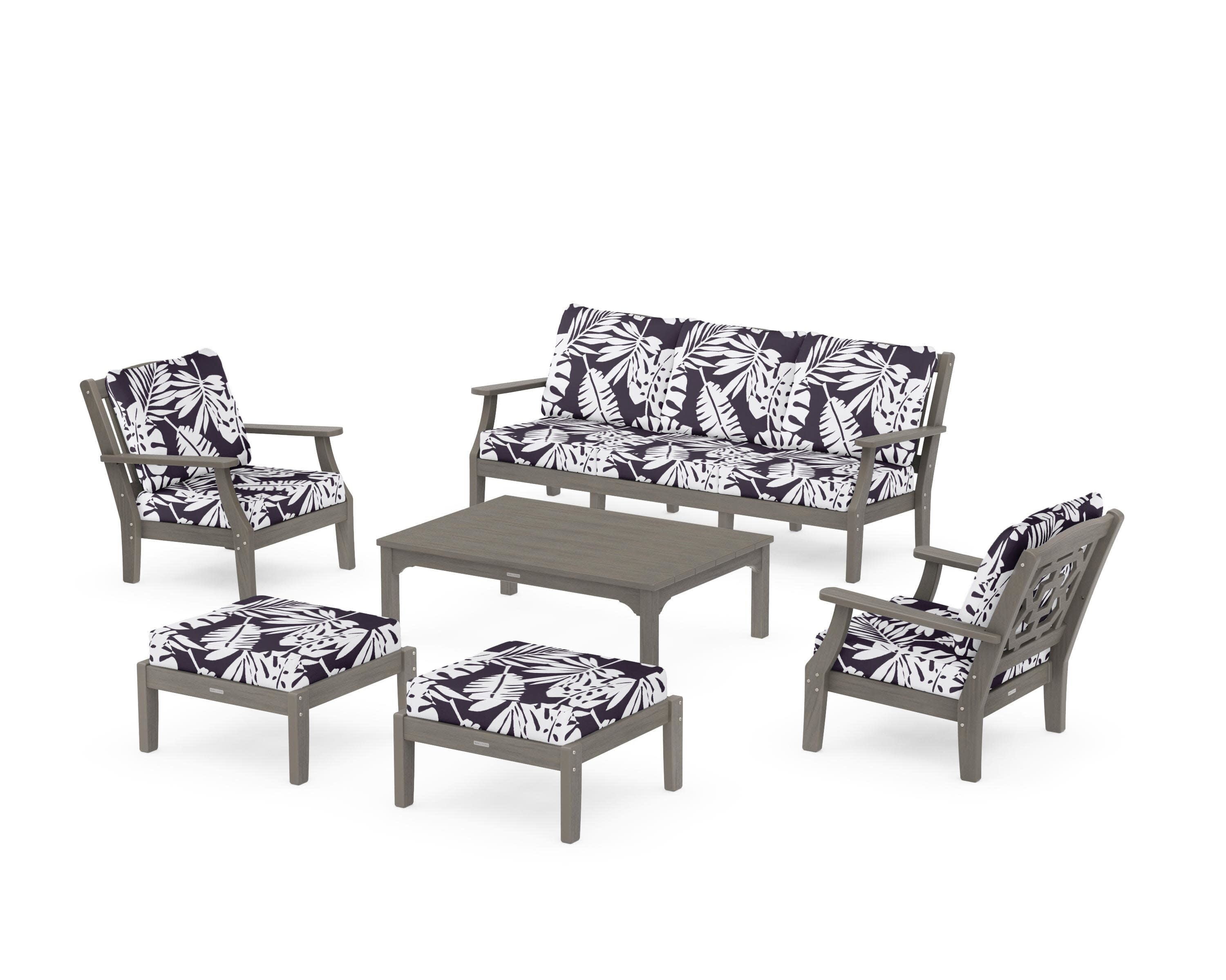 Chinoiserie 6-Piece Lounge Sofa Set in Driftwood / Leaf Navy