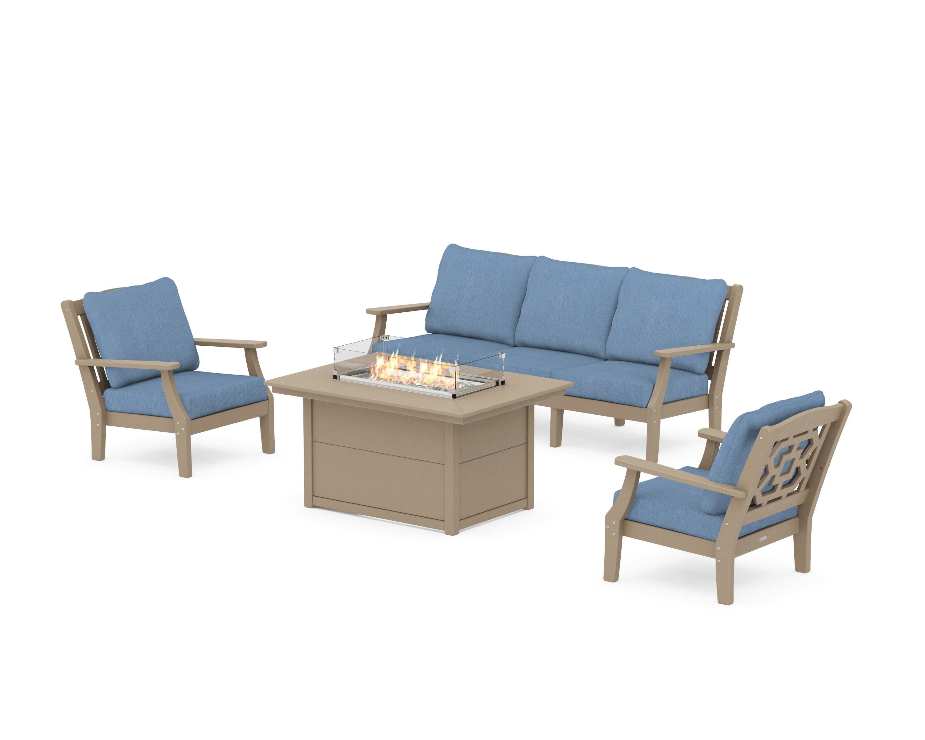 Chinoiserie Deep Seating Fire Pit Table Set in Vintage Sahara / Sky Blue