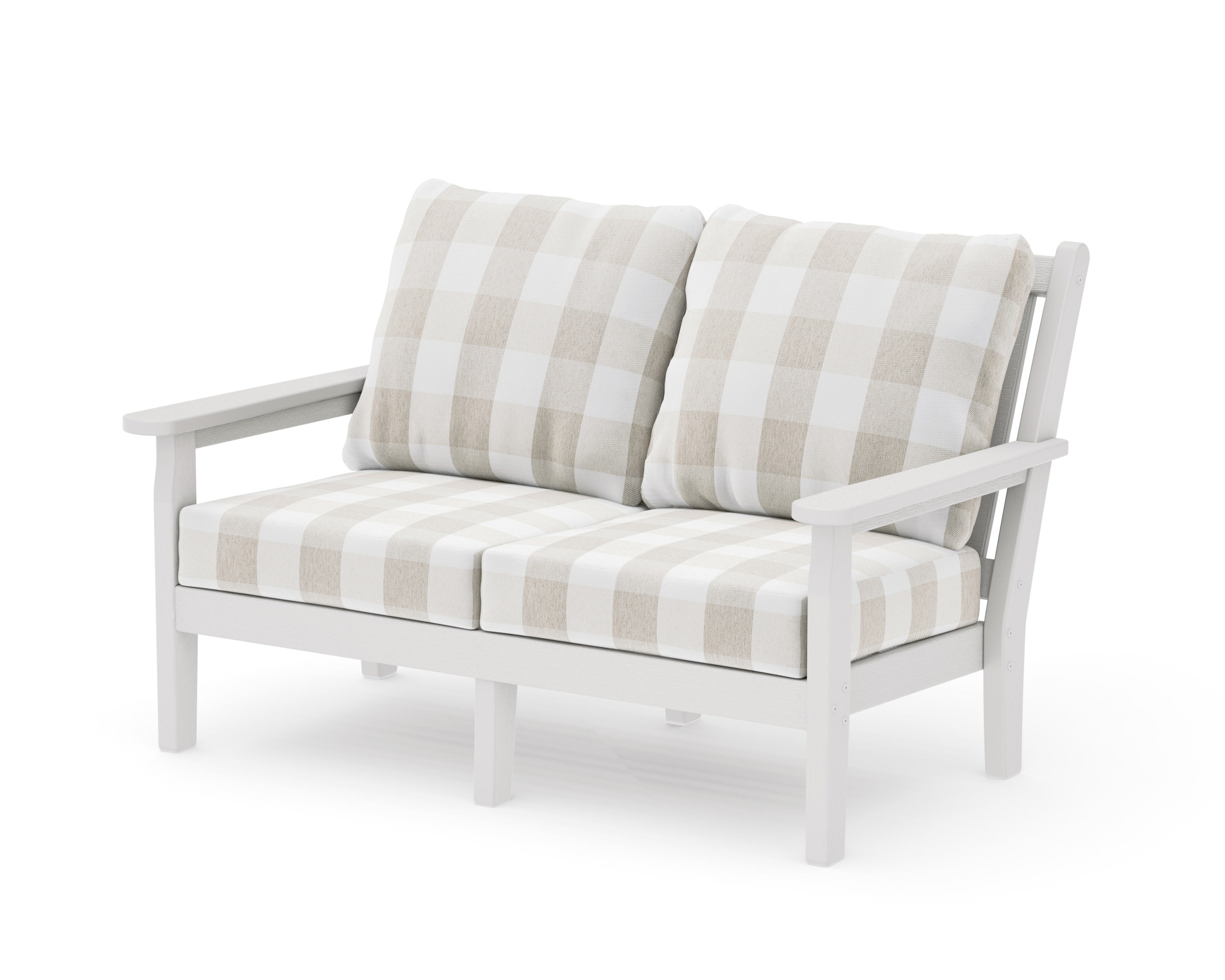 Chippendale Deep Seating Loveseat in Vintage White / Buffalo Plaid Dune Burlap