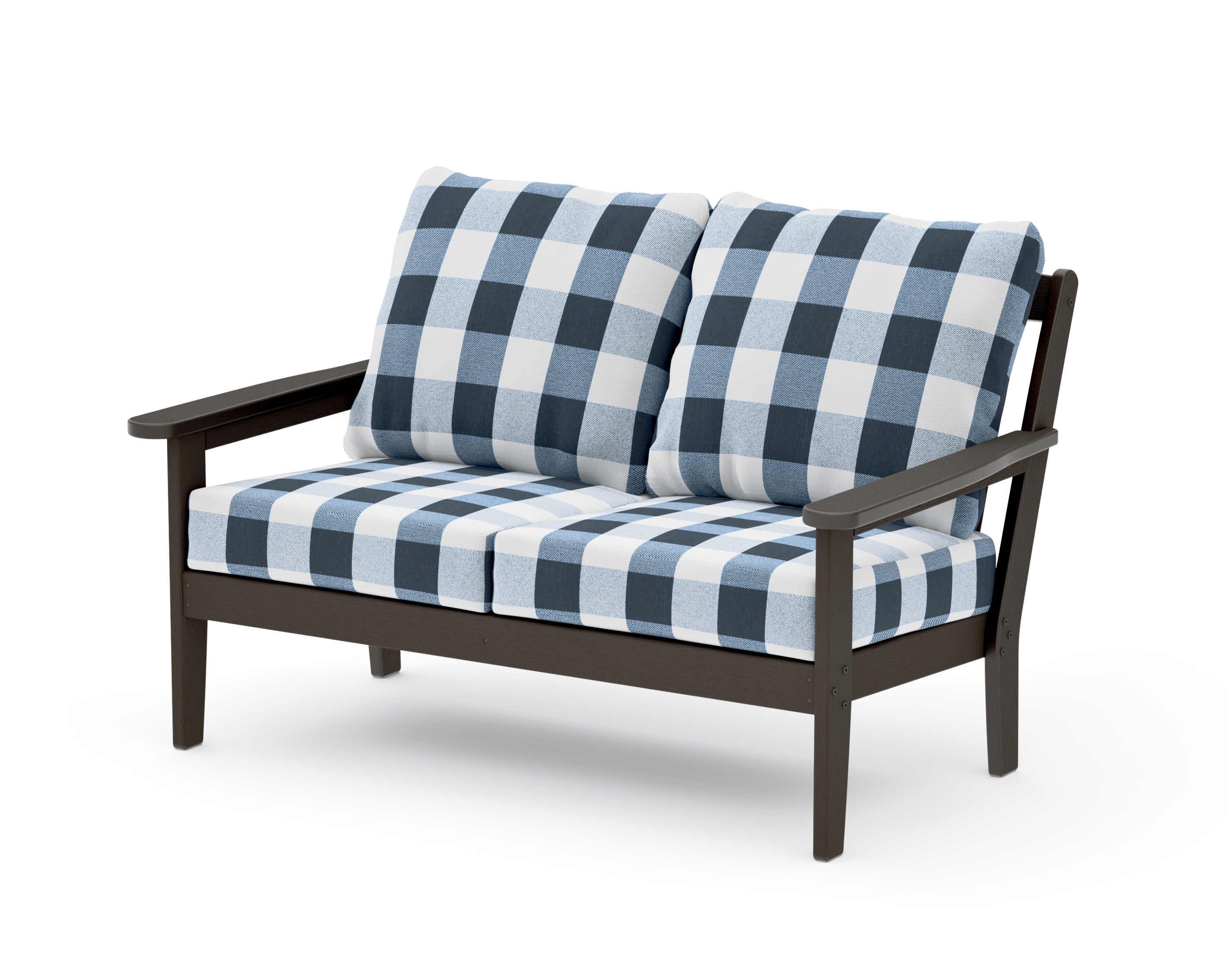 Cottage Deep Seating Loveseat in Vintage Coffee / Buffalo Plaid Marine Indigo