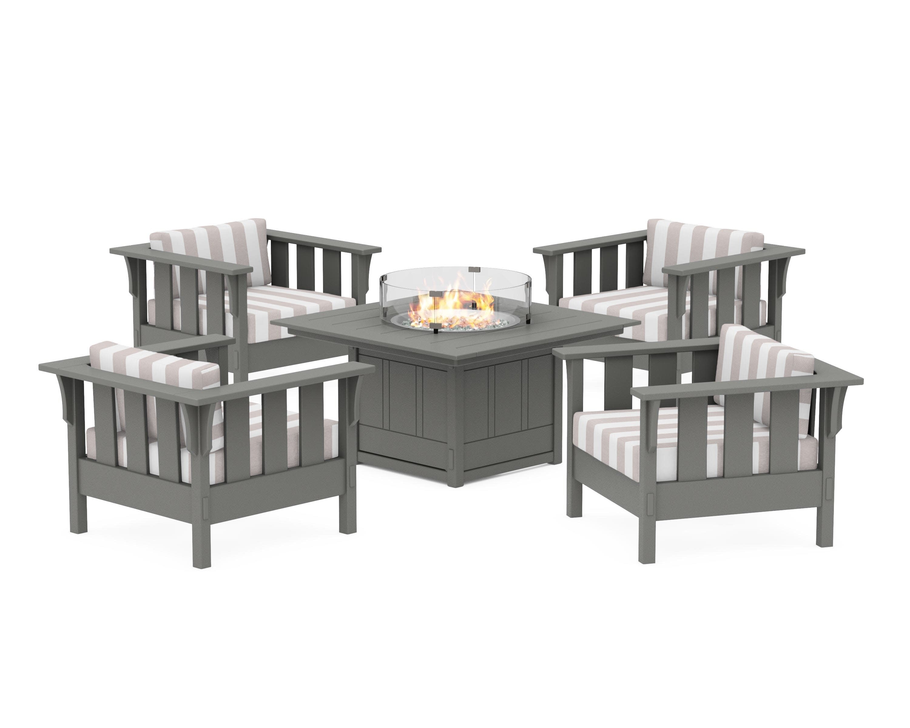 Acadia 5-Piece Deep Seating Set with Fire Pit Table in Slate Grey / Cabana Stripe Dune Burlap