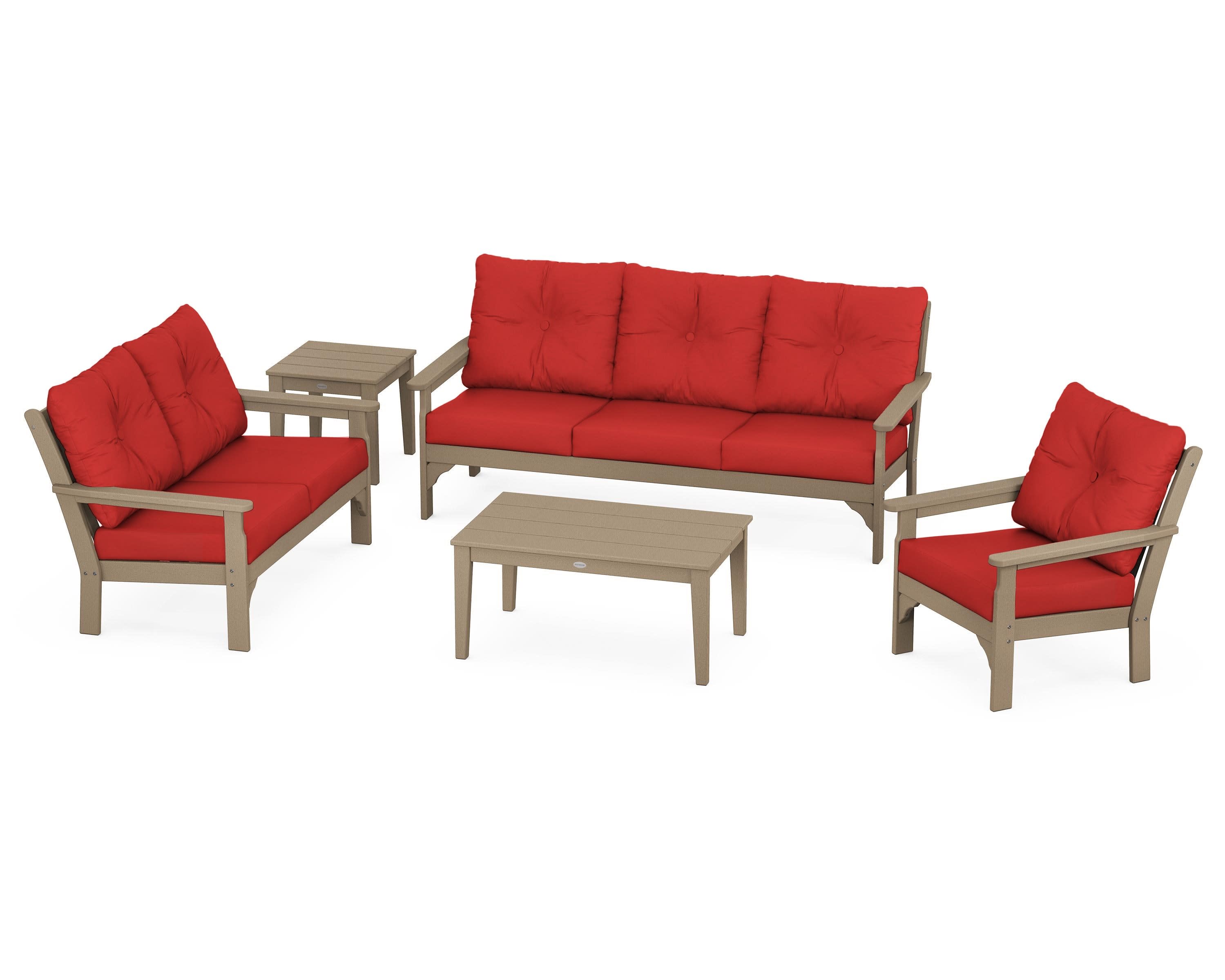 Vineyard 5 Piece Deep Seating Set in Vintage Sahara / Crimson Linen