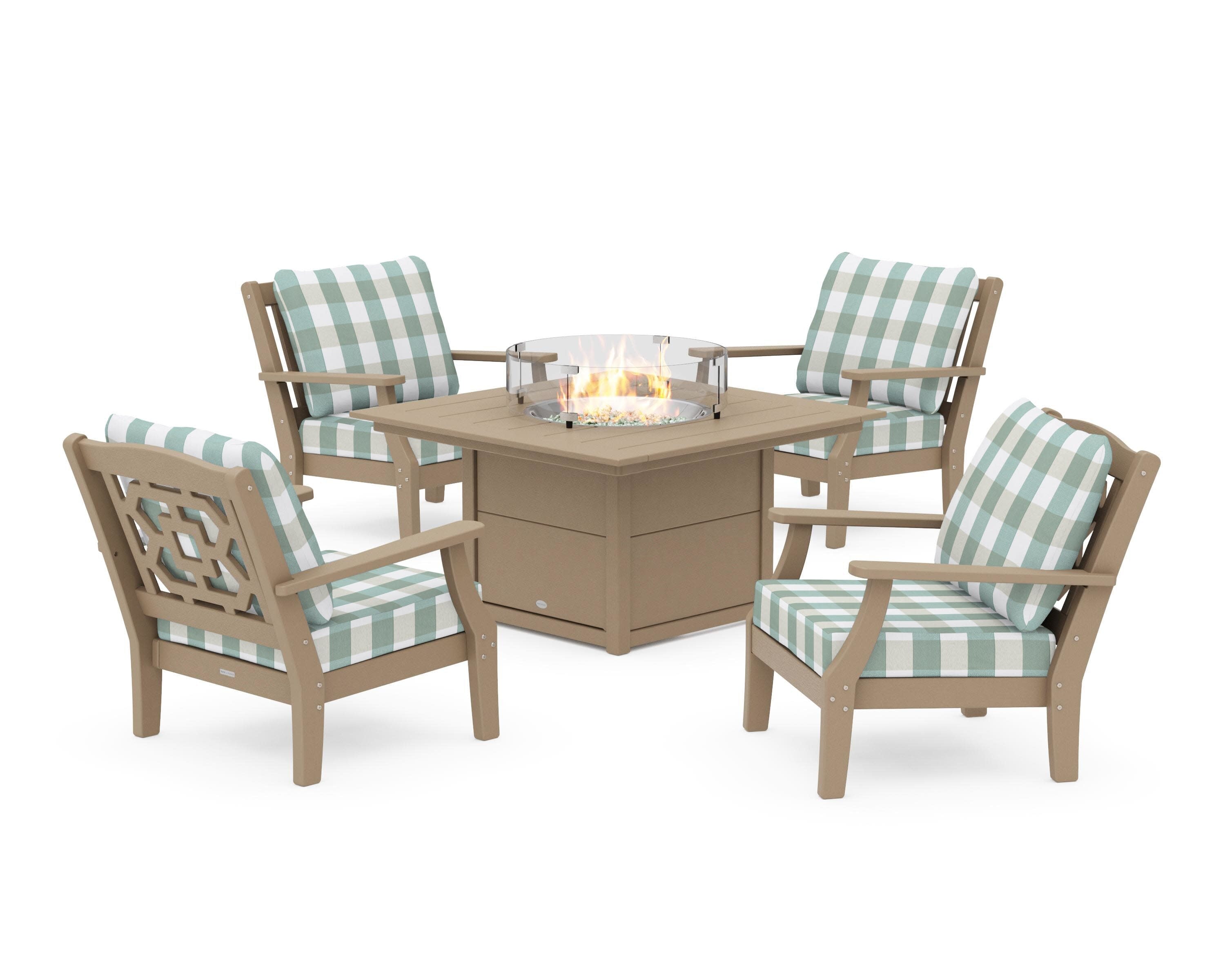 Chinoiserie 5-Piece Deep Seating Set with Fire Pit Table in Vintage Sahara / Buffalo Plaid Glacier Spa