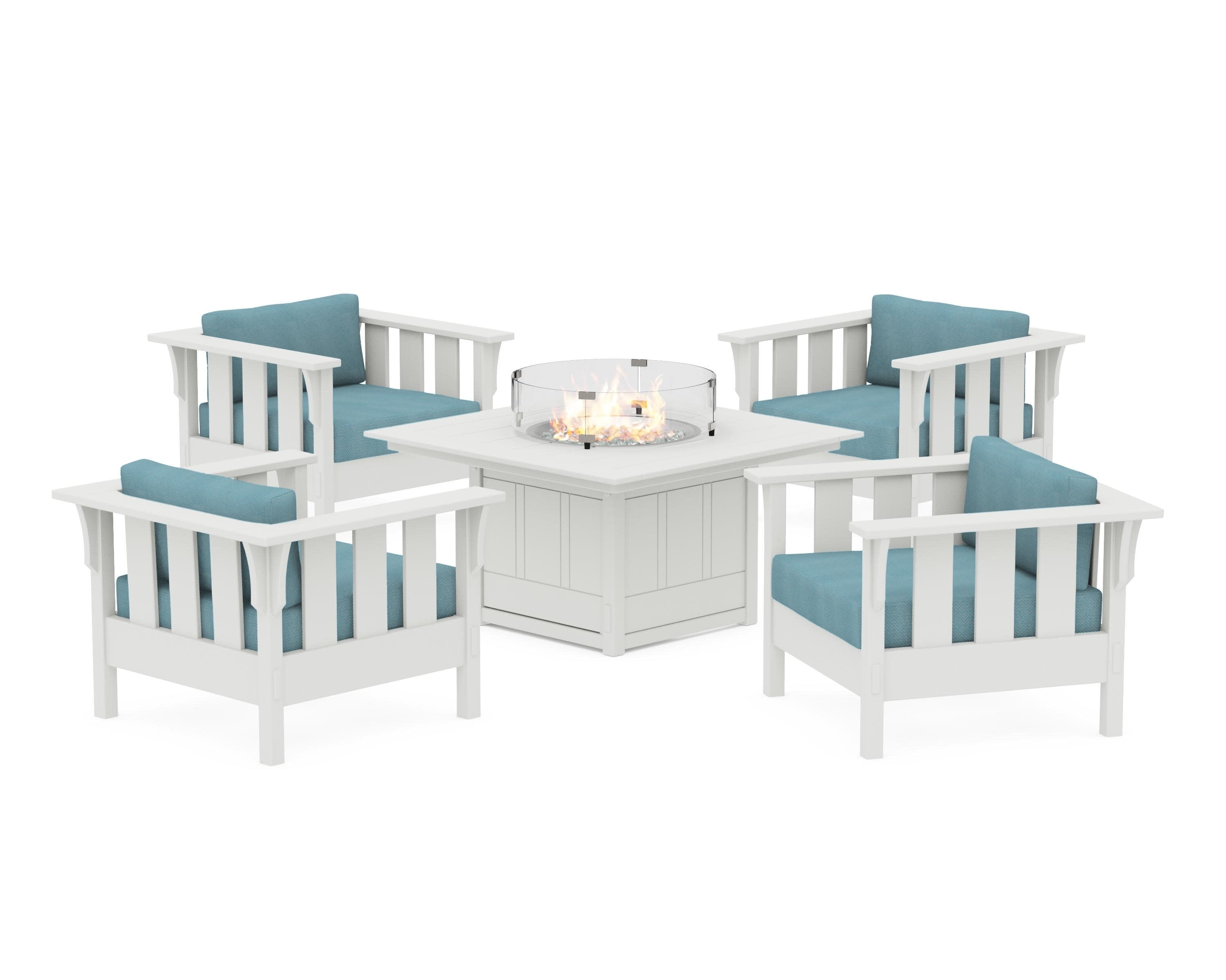Acadia 5-Piece Deep Seating Set with Fire Pit Table in White / Lattice Sky Blue