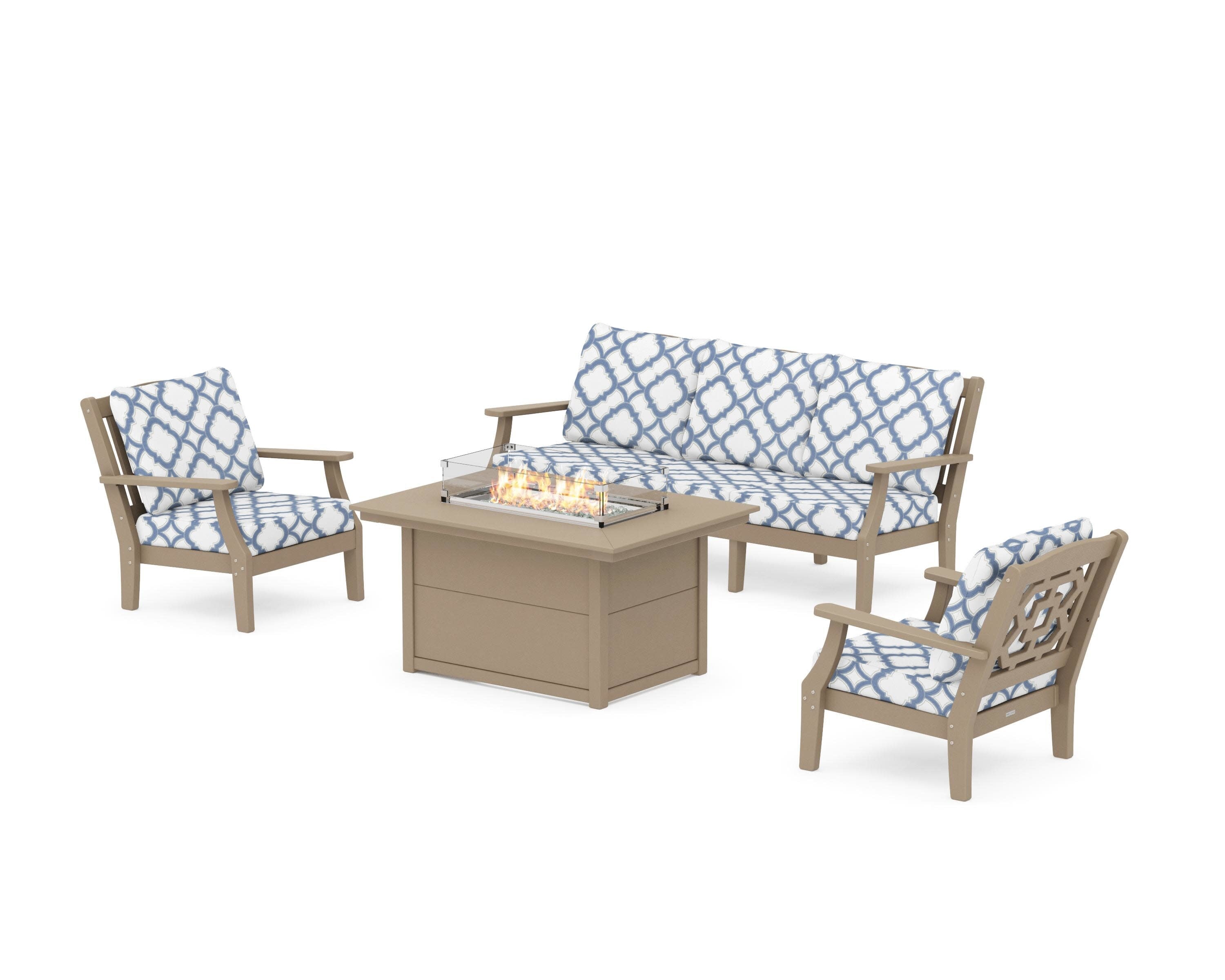 Chinoiserie Deep Seating Fire Pit Table Set in Vintage Sahara / Trellis Sky Blue