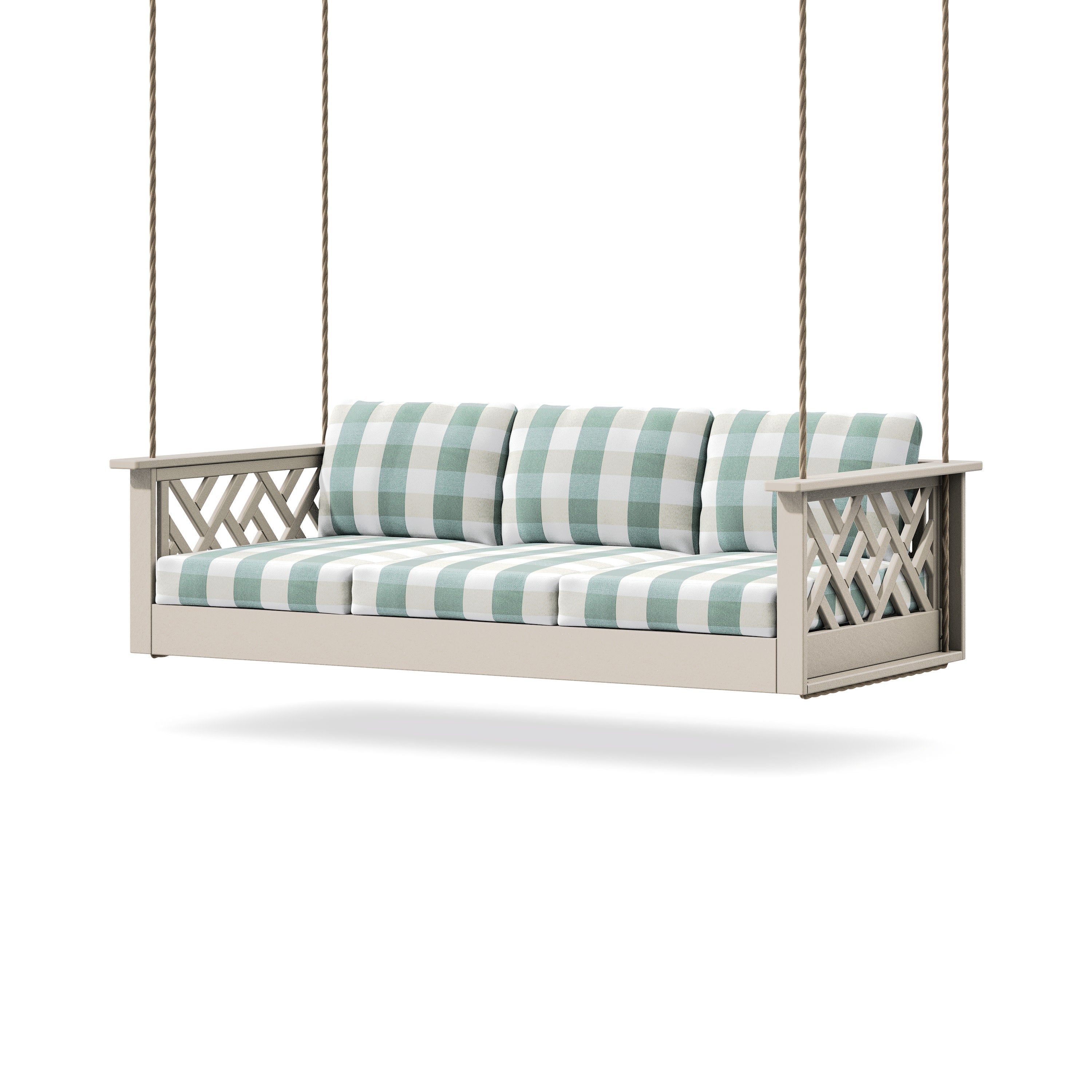 Chippendale Daybed Swing in Sand / Buffalo Plaid Glacier Spa