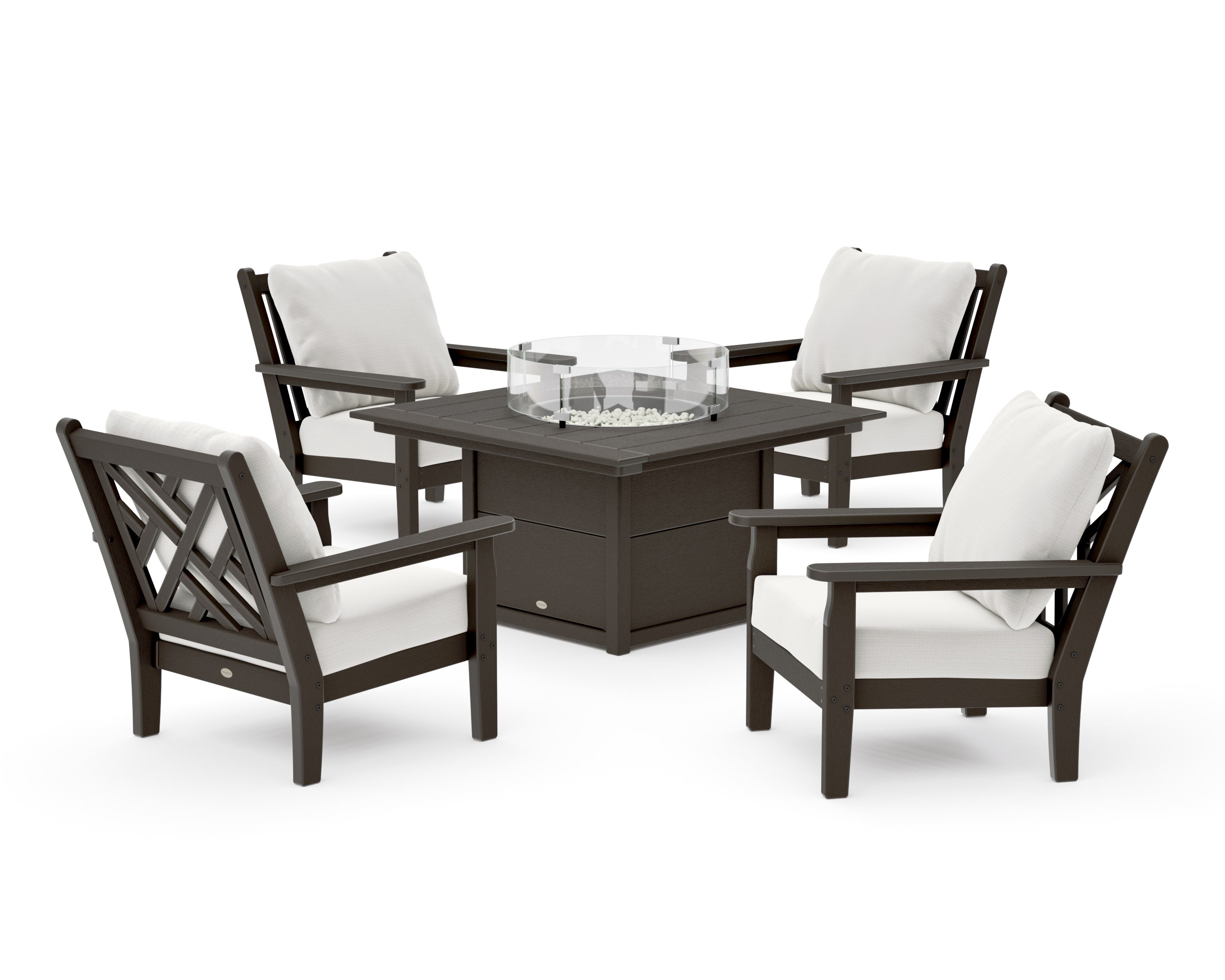 Chippendale 5-Piece Deep Seating Set with Fire Pit Table in Vintage Coffee / Natural Linen