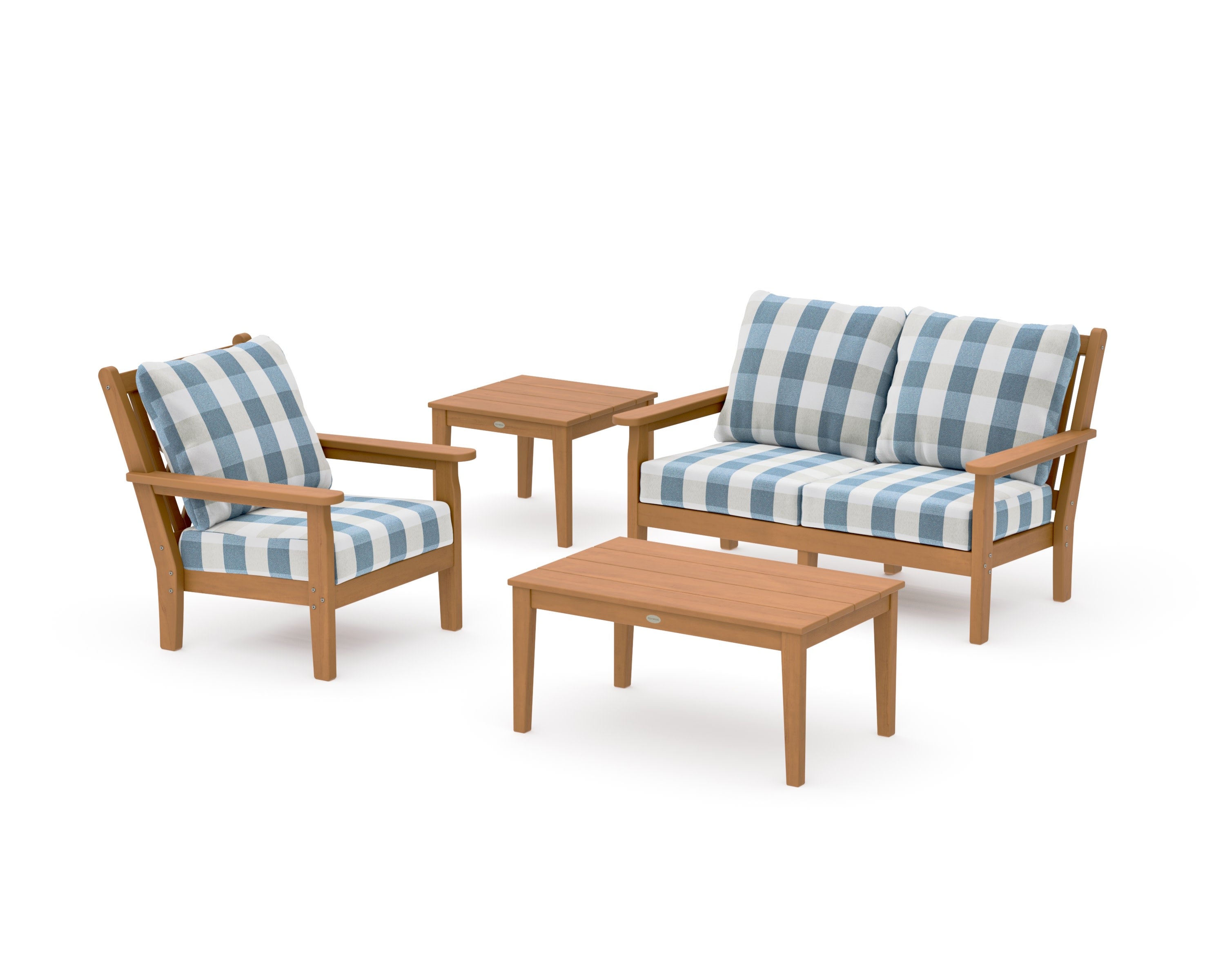 Chippendale 4-Piece Deep Seating Set in Natural / Buffalo Plaid Sky Blue