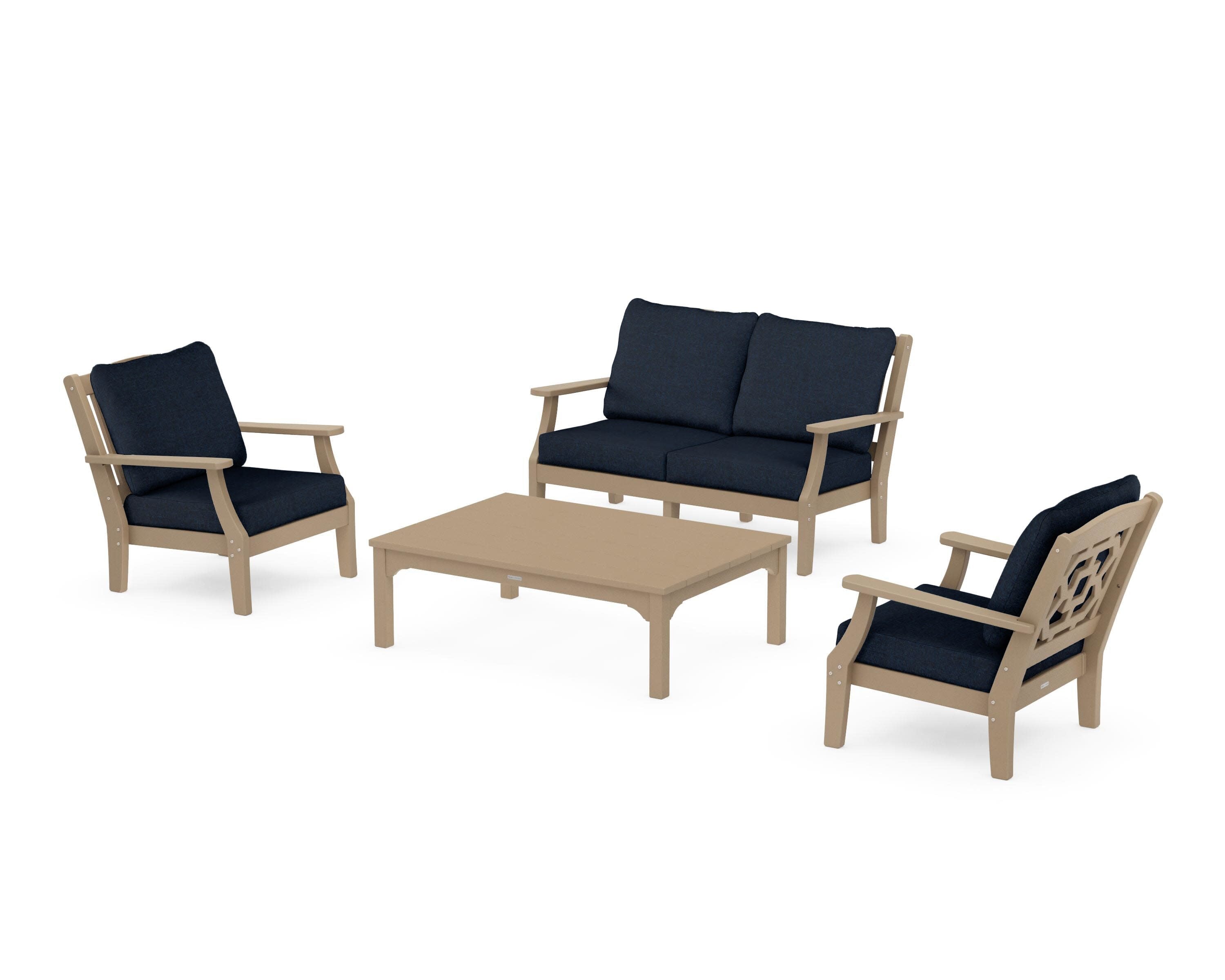 Chinoiserie 4-Piece Deep Seating Set with Loveseat in Vintage Sahara / Marine Indigo