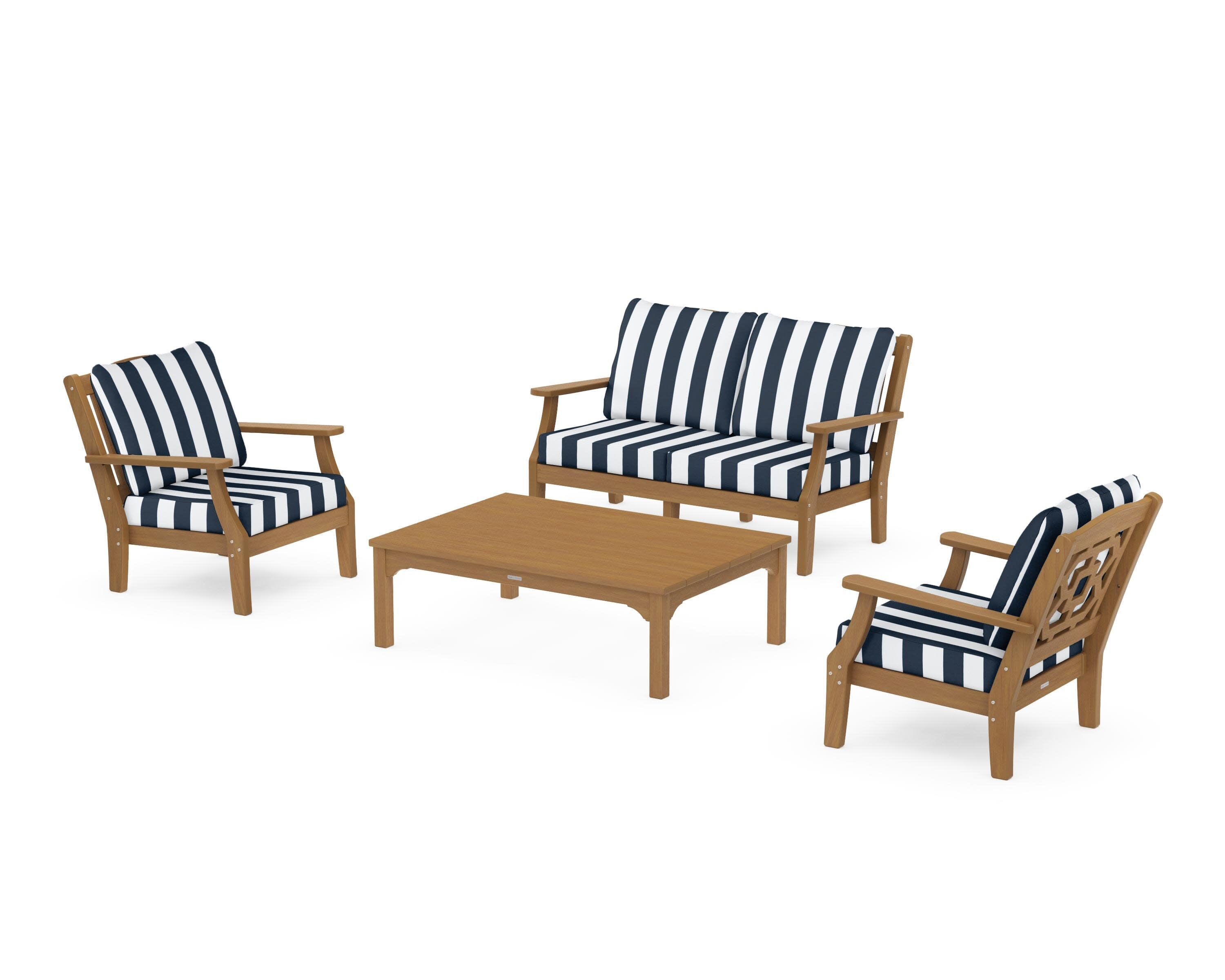 Chinoiserie 4-Piece Deep Seating Set with Loveseat in Natural / Cabana Stripe Marine Indigo