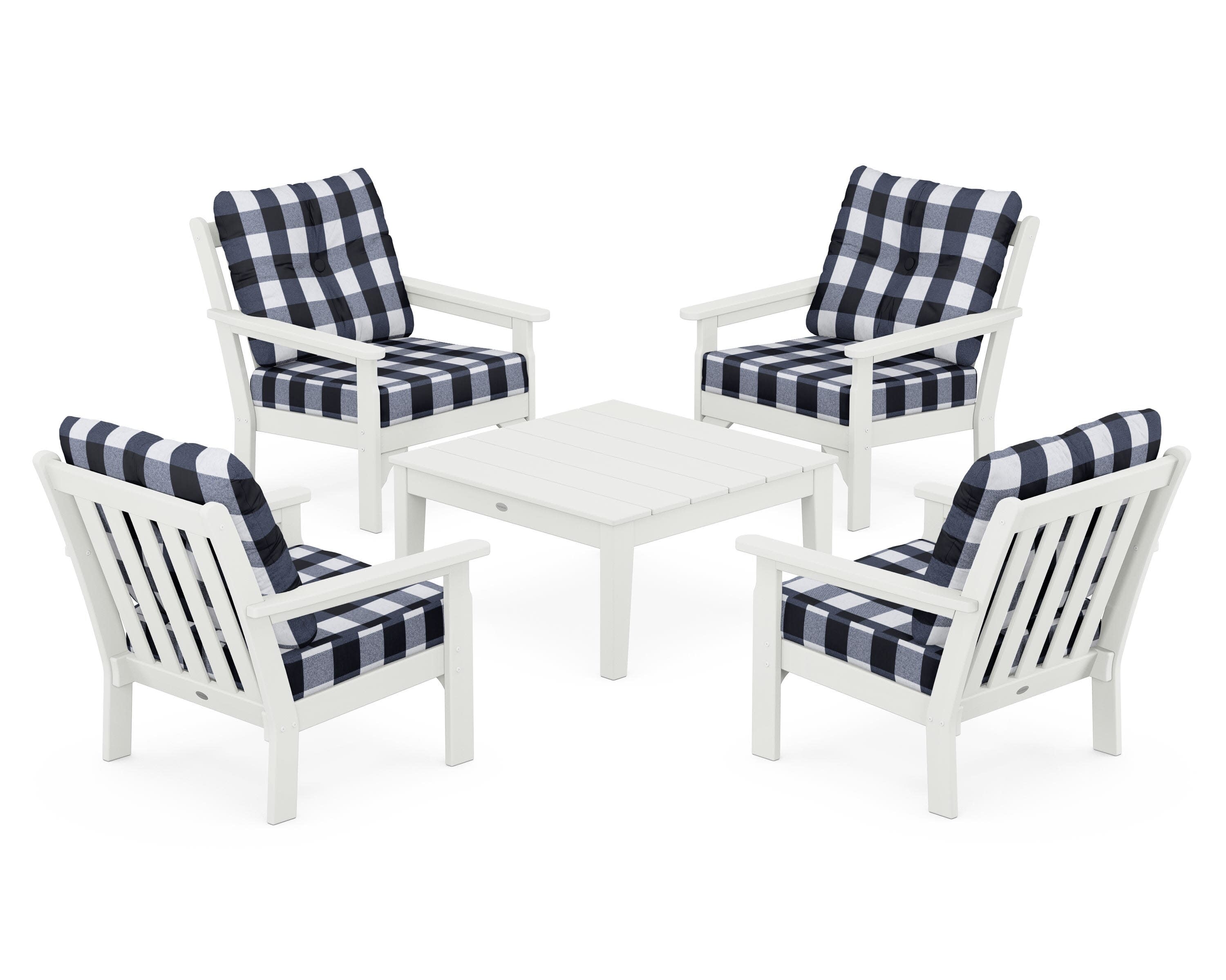 Vineyard 5-Piece Deep Seating Conversation Set in Vintage White / Buffalo Plaid Marine Indigo