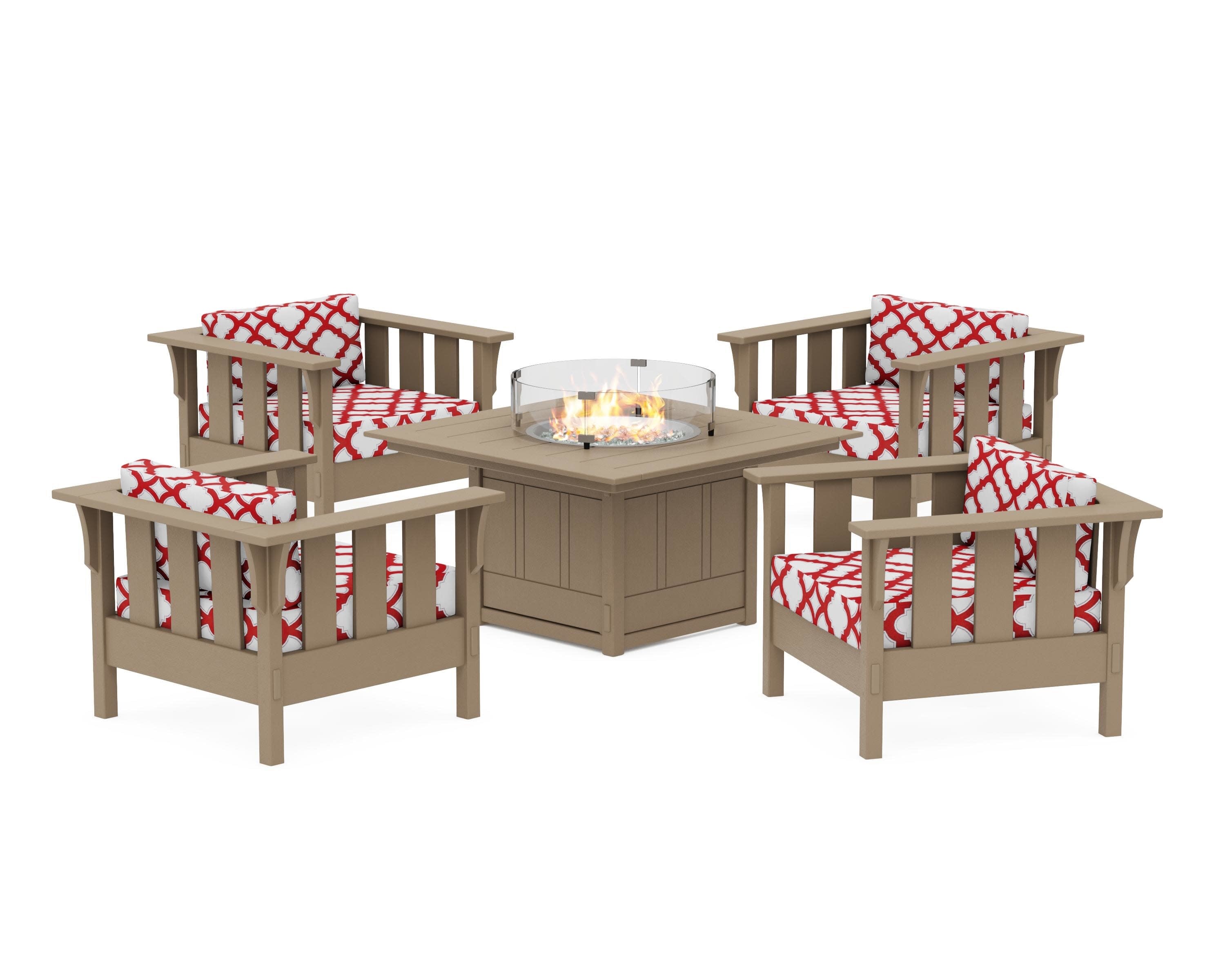 Acadia 5-Piece Deep Seating Set with Fire Pit Table in Vintage Sahara / Trellis Crimson
