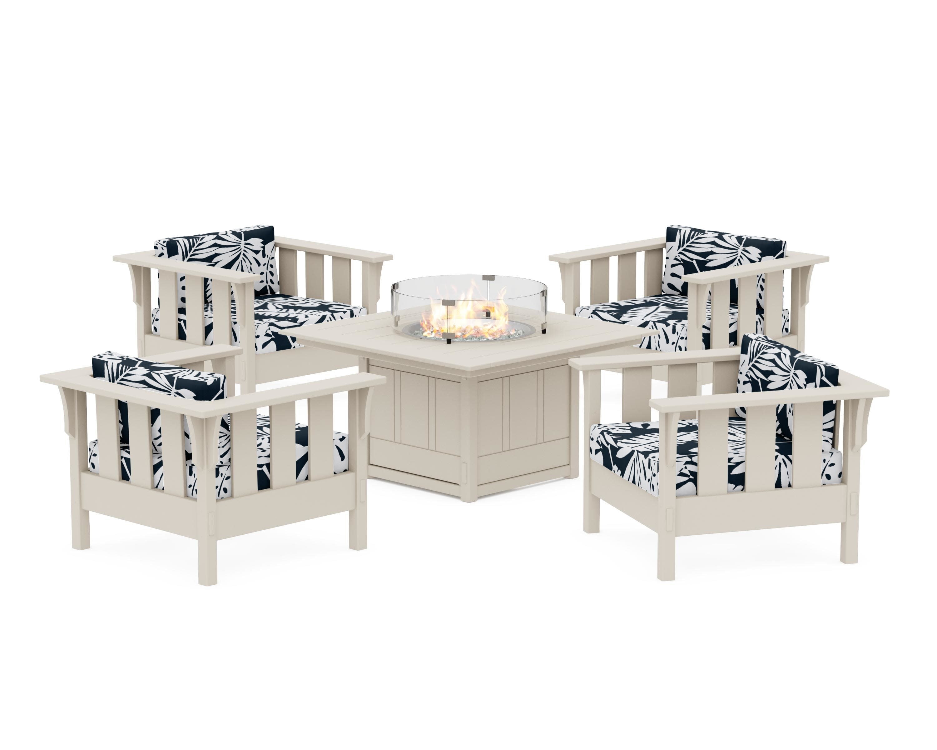 Acadia 5-Piece Deep Seating Set with Fire Pit Table in Sand / Leaf Marine Indigo
