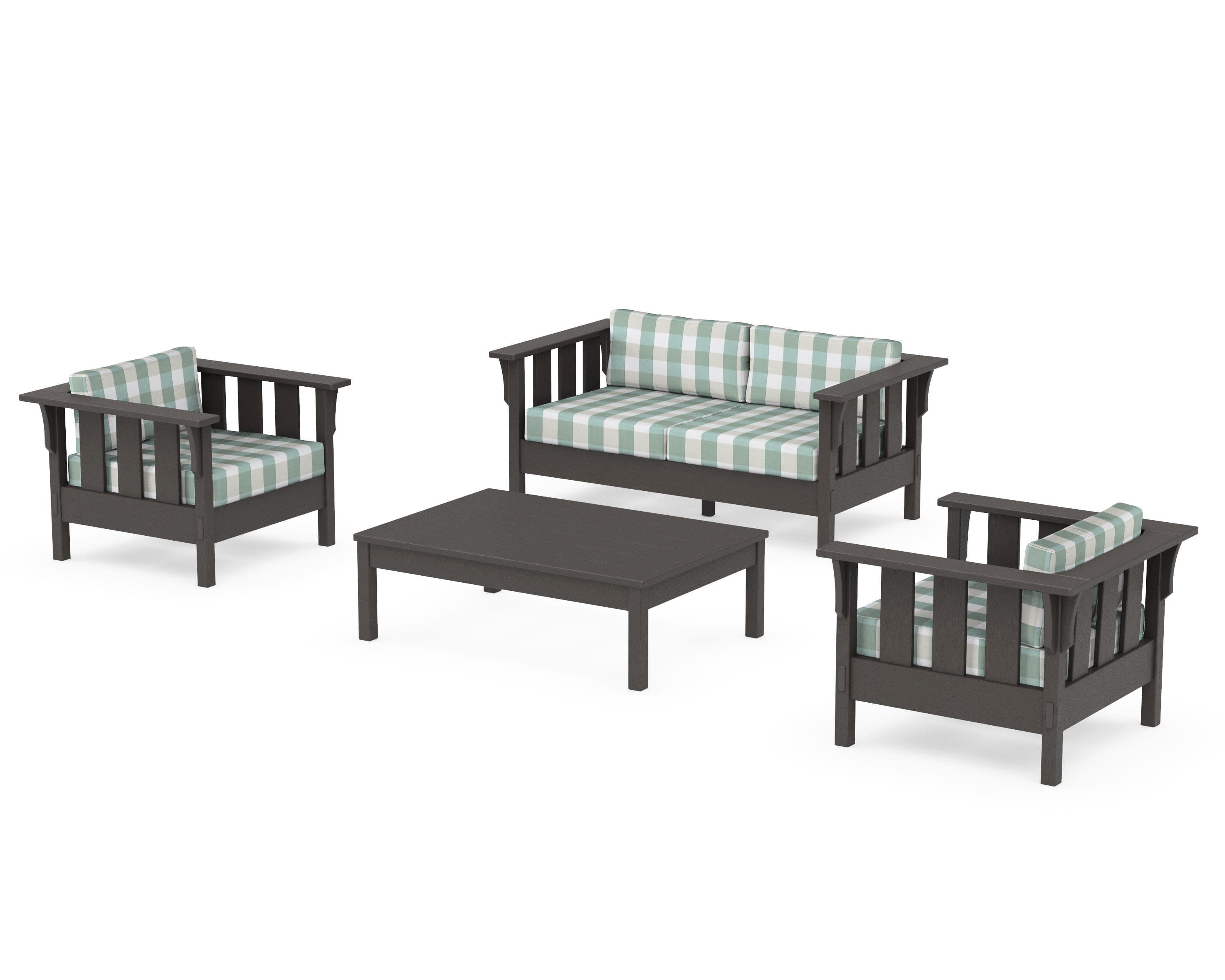 Acadia 4-Piece Deep Seating Set with Loveseat in Vintage Coffee / Buffalo Plaid Glacier Spa