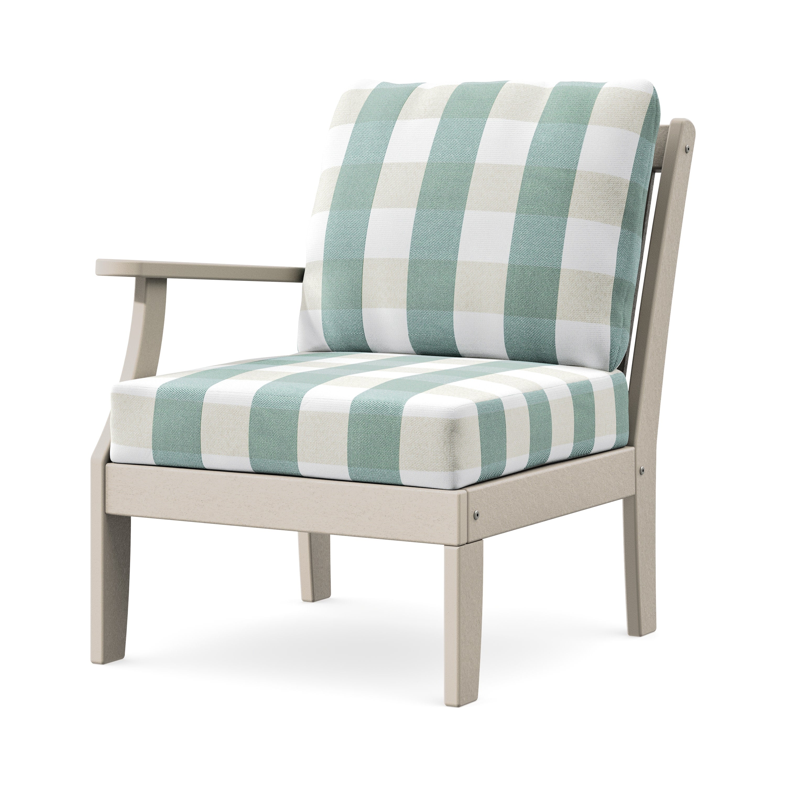 Braxton Modular Left Arm Chair in Sand / Buffalo Plaid Glacier Spa