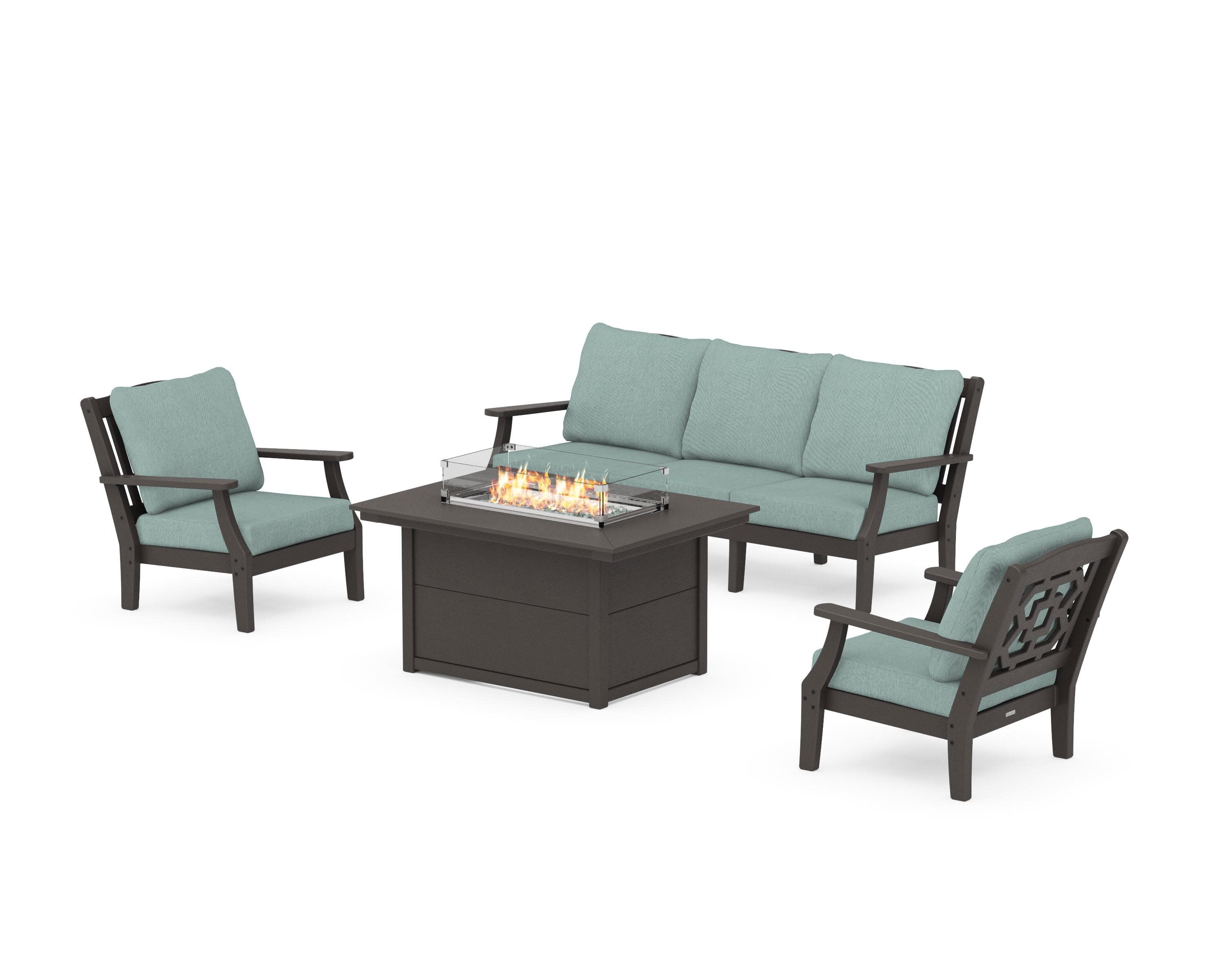 Chinoiserie Deep Seating Fire Pit Table Set in Vintage Coffee / Glacier Spa