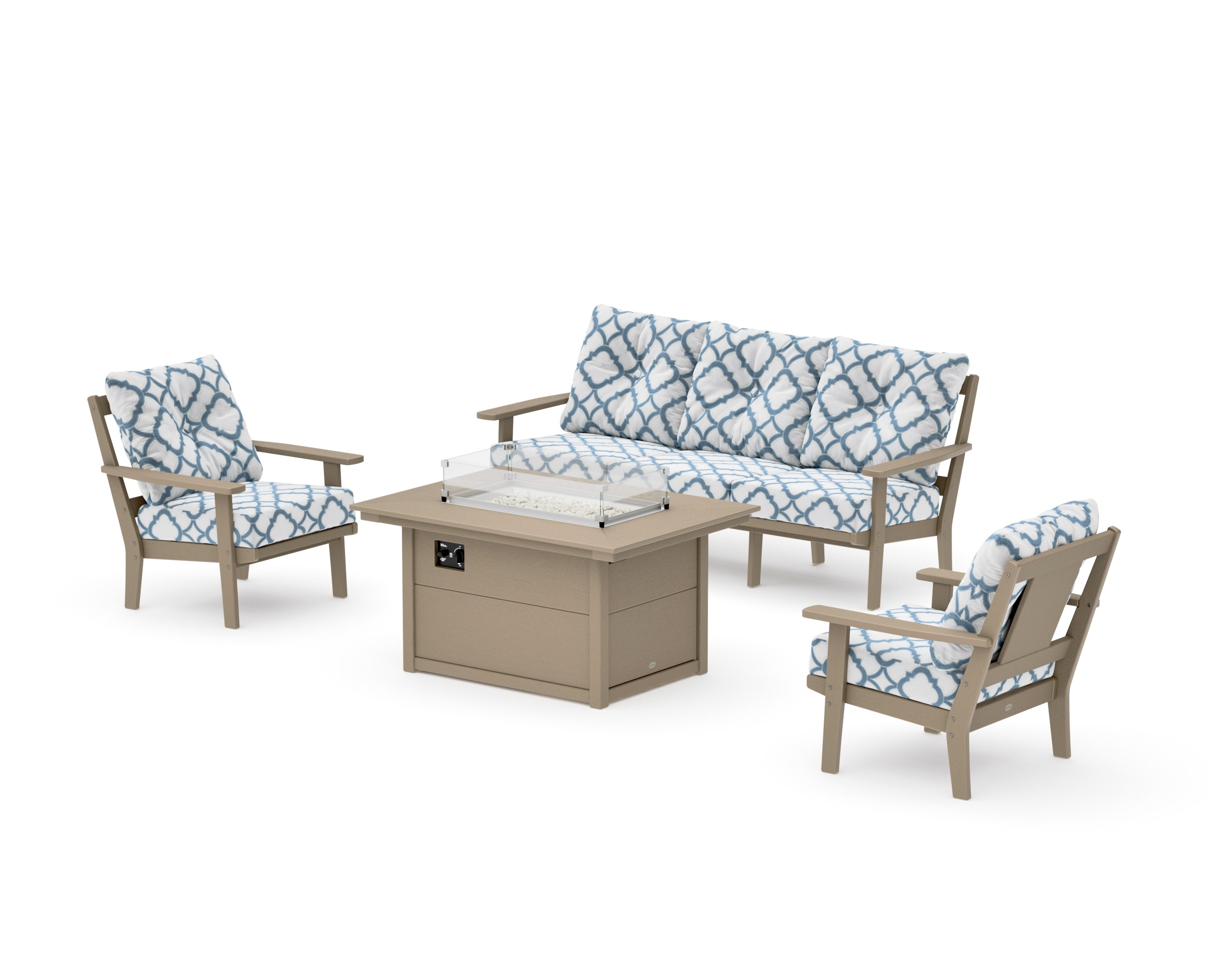 Prairie Deep Seating Fire Pit Table Set in Vintage Sahara / Trellis Sky Blue