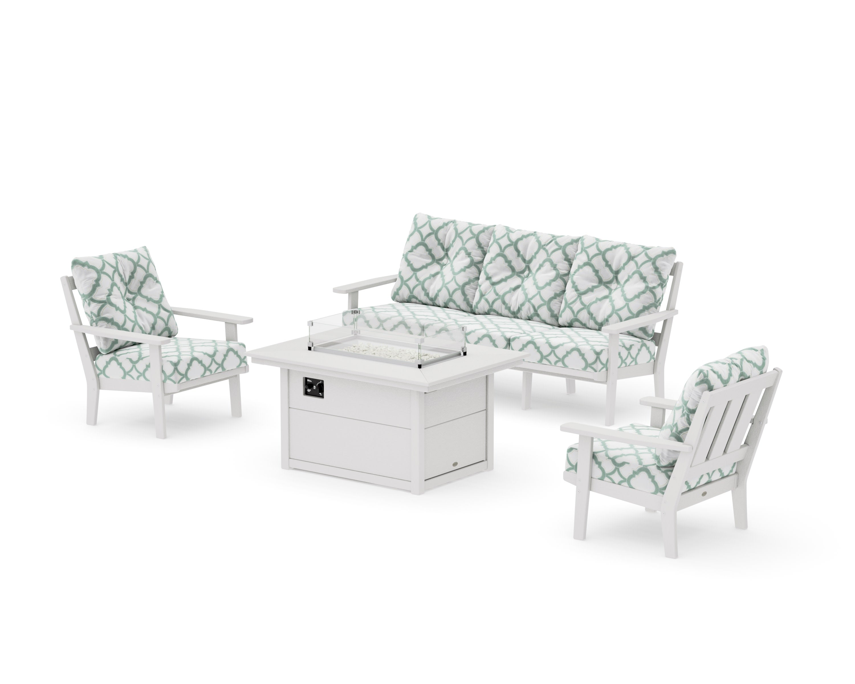 Oxford Deep Seating Fire Pit Table Set in Vintage White / Trellis Glacier Spa