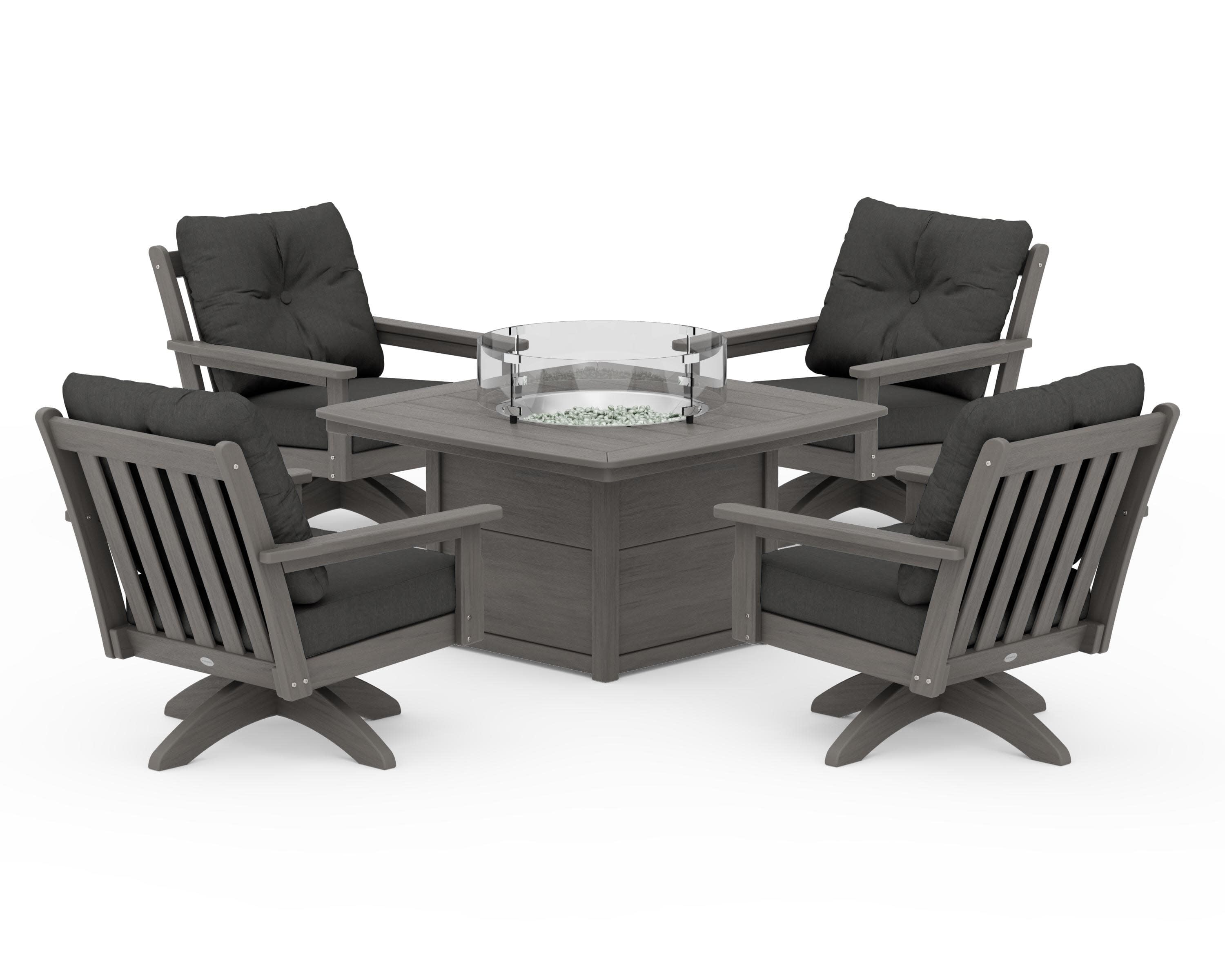 Vineyard 5-Piece Deep Seating Swivel Conversation Set with Fire Pit Table in Driftwood / Spectrum Carbon