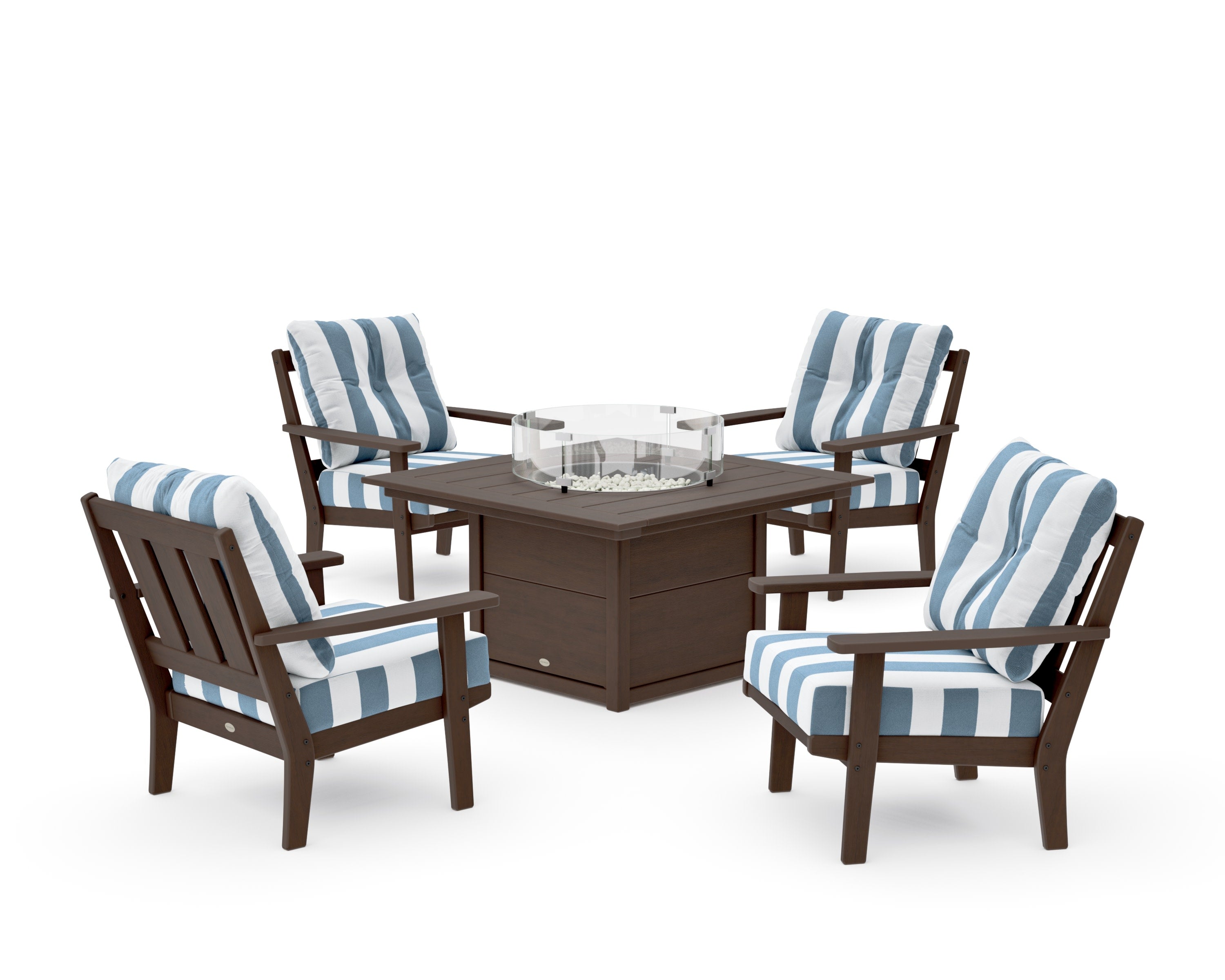 Oxford 5-Piece Deep Seating Set with Fire Pit Table in Kona / Cabana Stripe Sky Blue