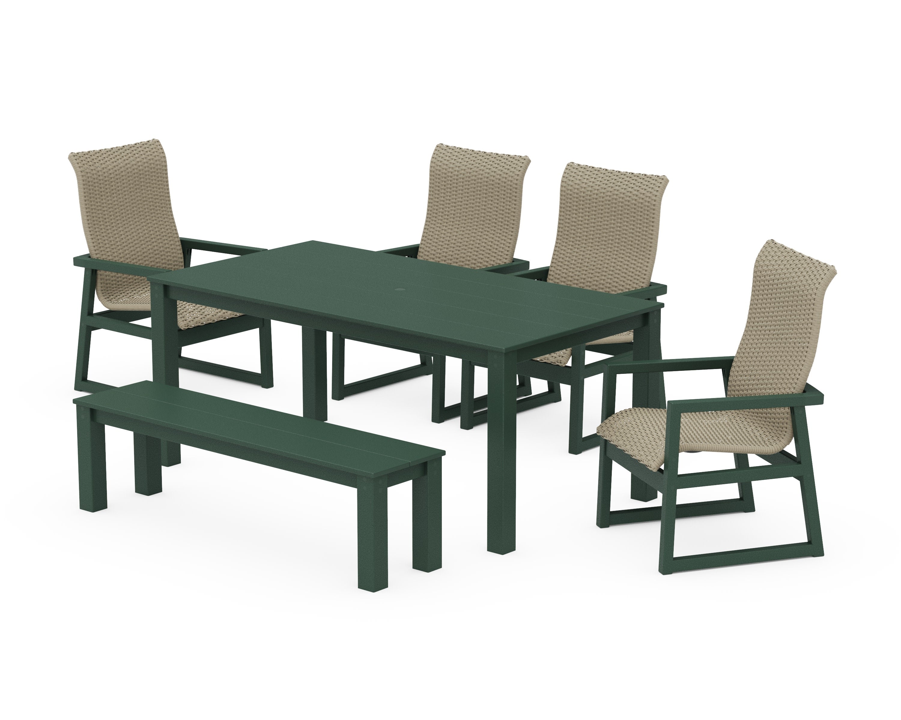 EDGE Woven Highback 6-Piece Parsons Dining Set with Bench in Green / Dune Grass