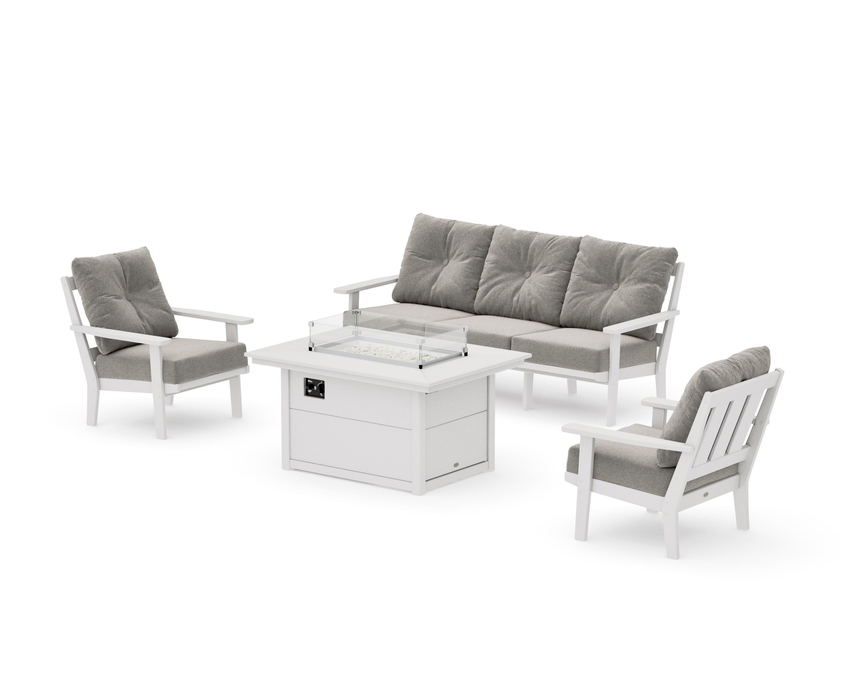 Oxford Deep Seating Fire Pit Table Set in Vintage White / Weathered Tweed