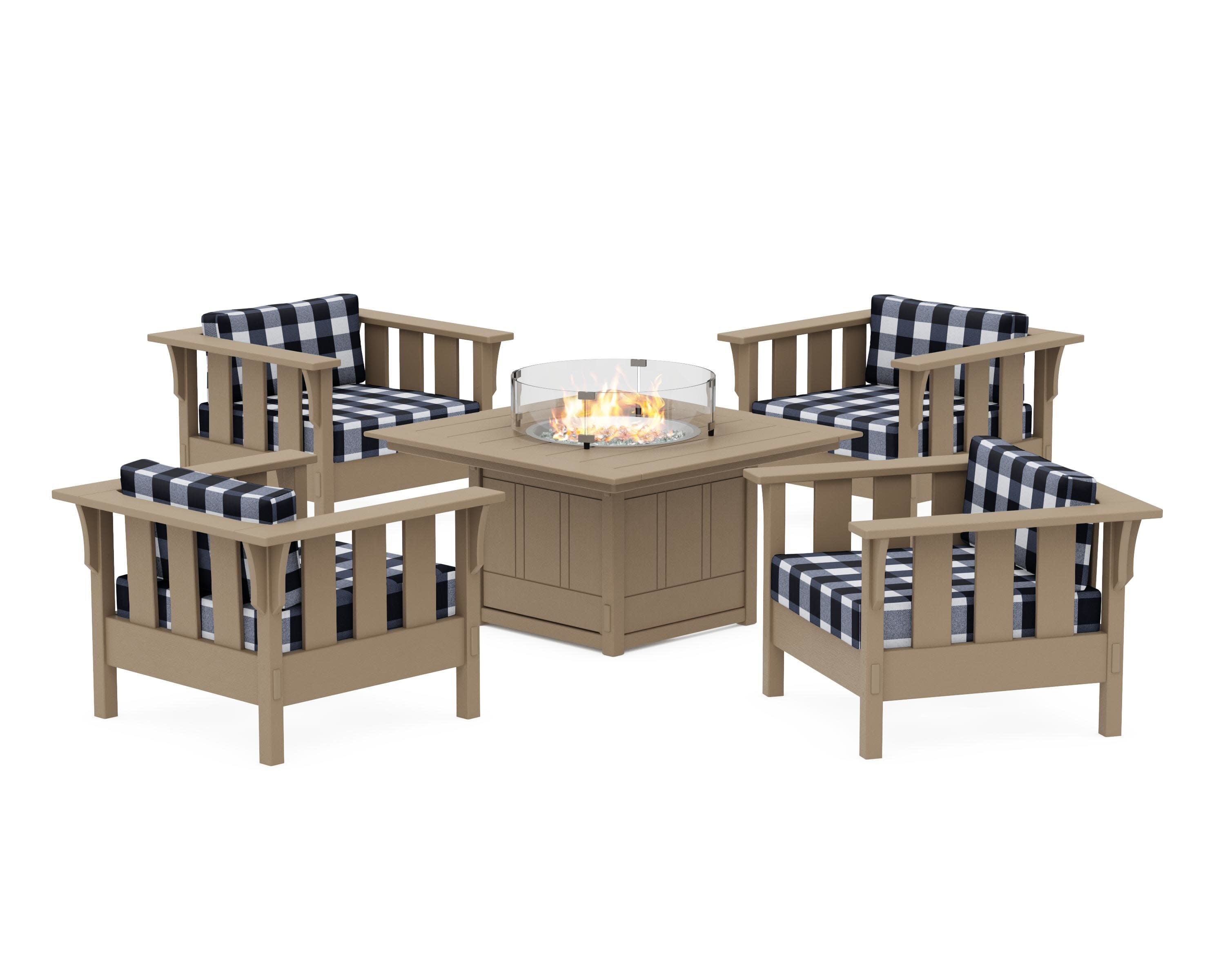 Acadia 5-Piece Deep Seating Set with Fire Pit Table in Vintage Sahara / Buffalo Plaid Marine Indigo