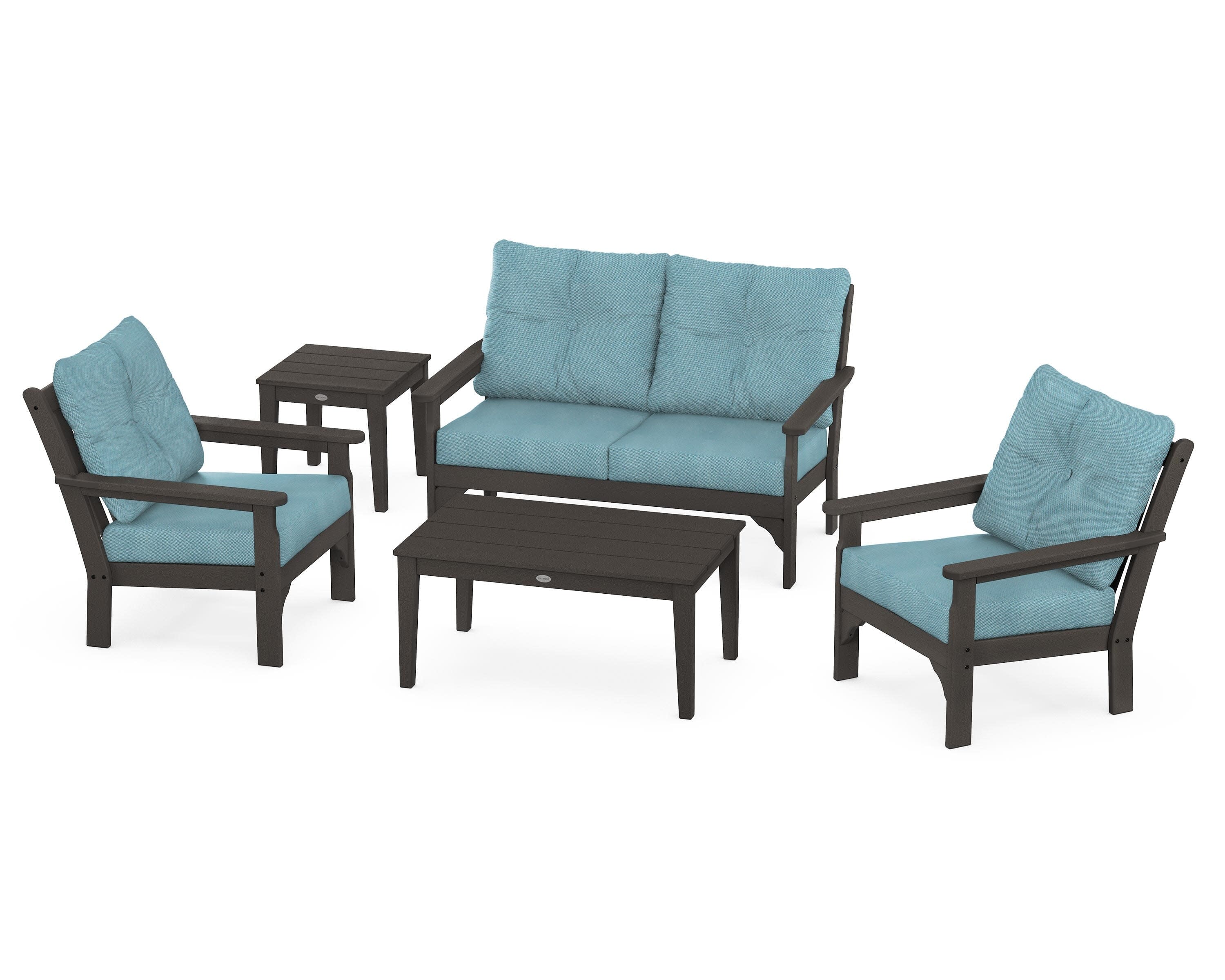 Vineyard 5-Piece Deep Seating Set in Vintage Coffee / Lattice Sky Blue