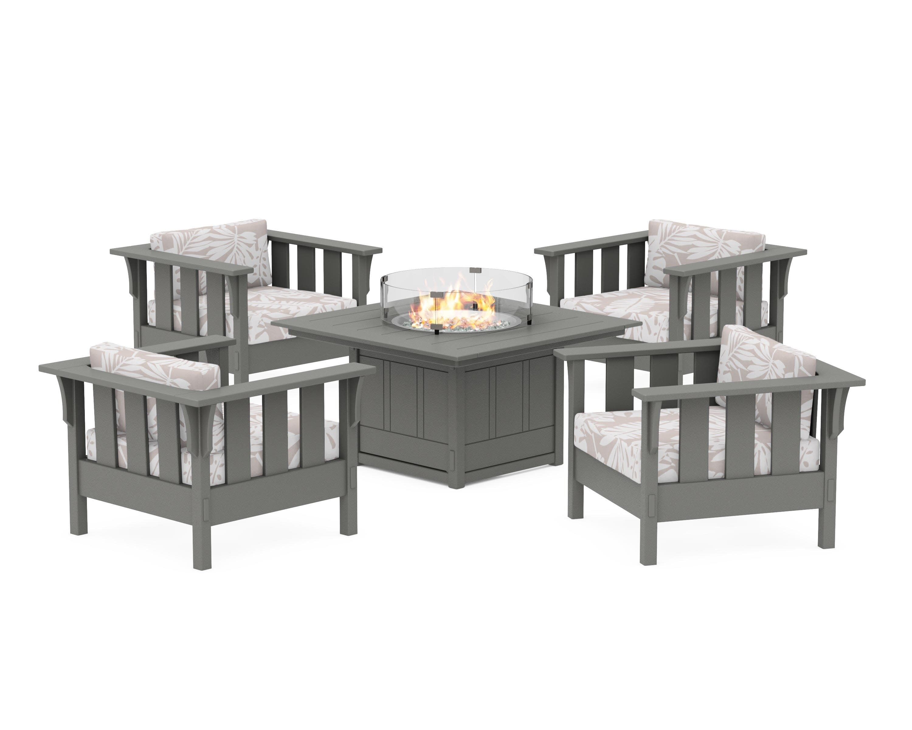 Acadia 5-Piece Deep Seating Set with Fire Pit Table in Slate Grey / Leaf Dune Burlap
