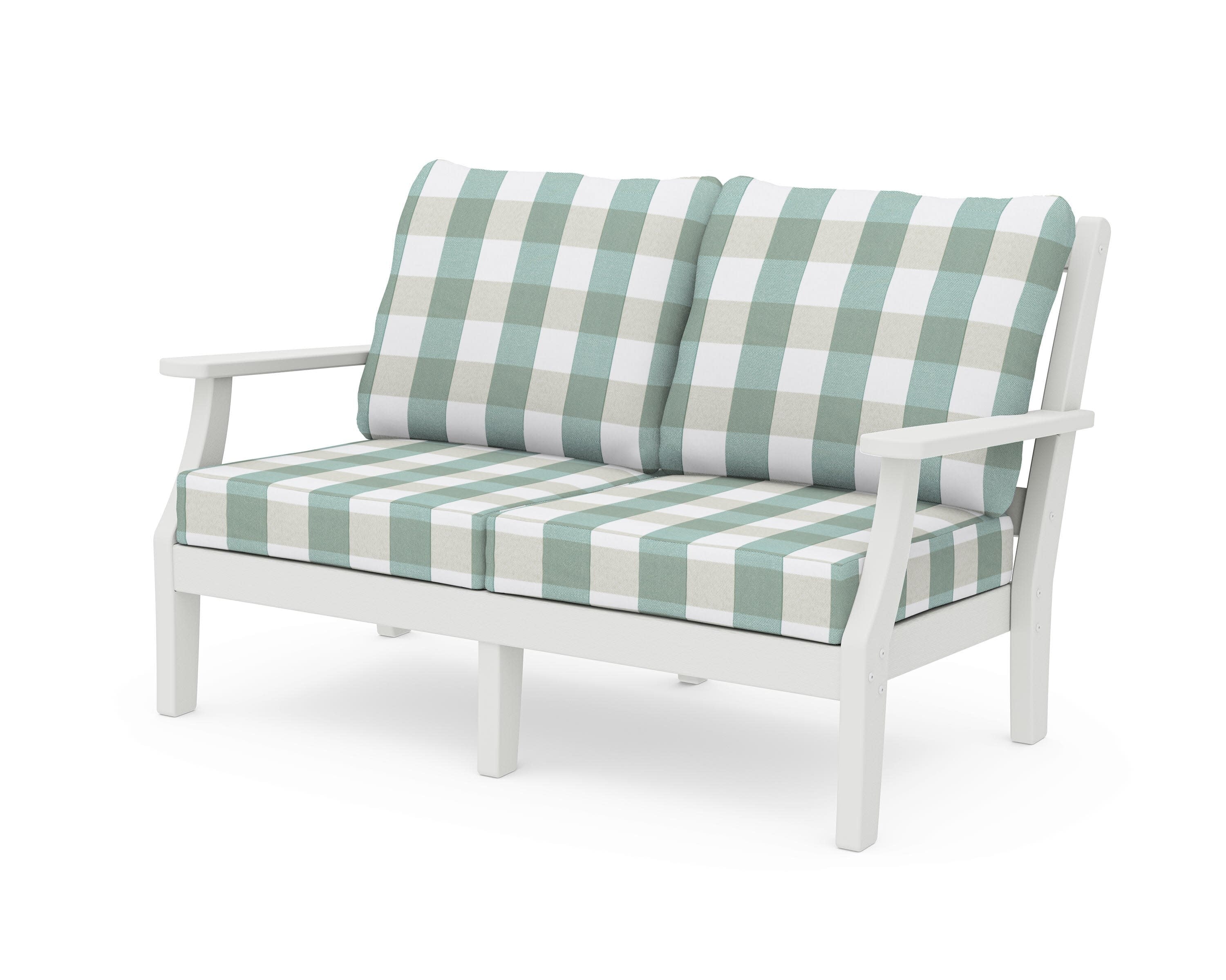 Chinoiserie Deep Seating Loveseat in Vintage White / Buffalo Plaid Glacier Spa