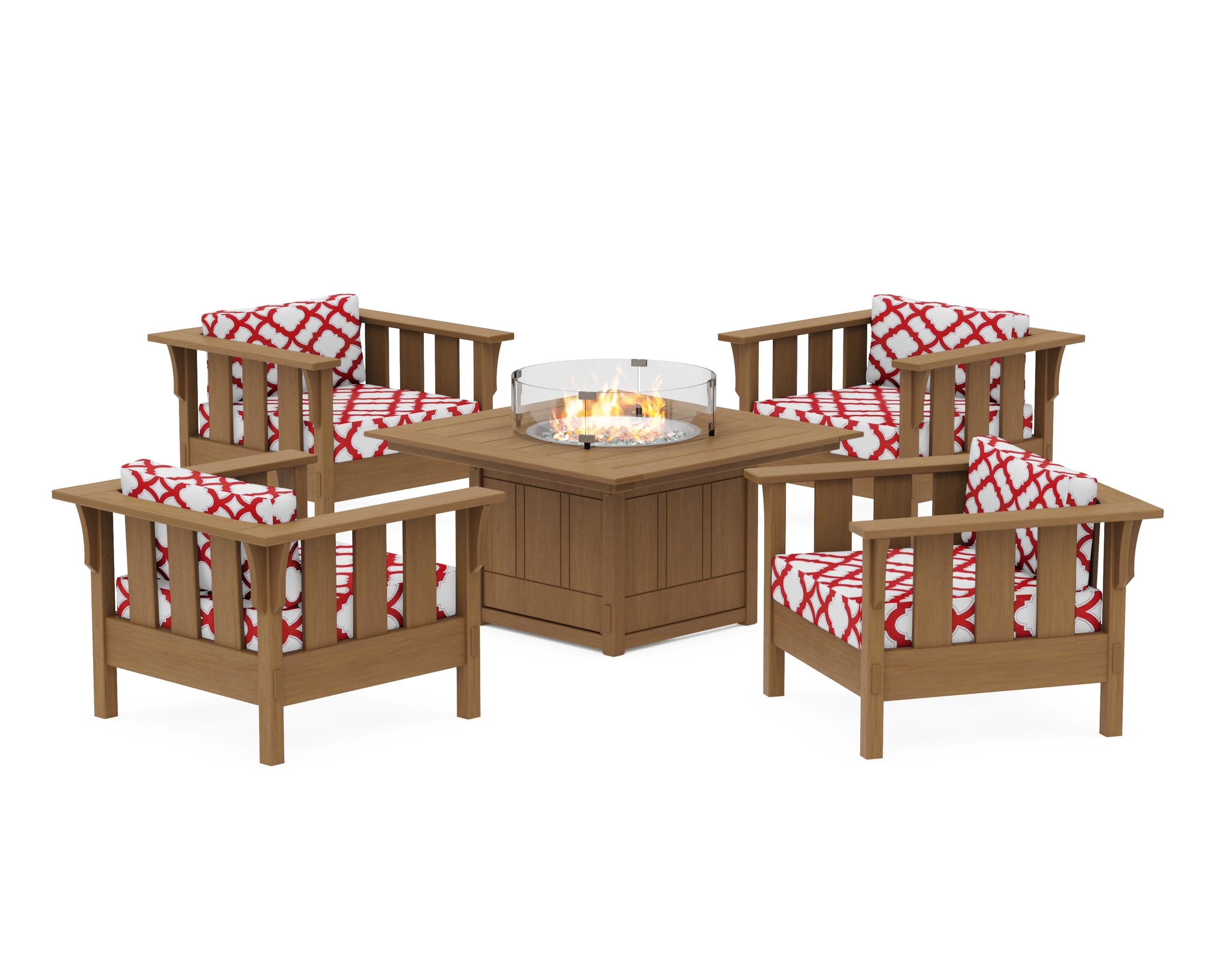 Acadia 5-Piece Deep Seating Set with Fire Pit Table in Natural / Trellis Crimson