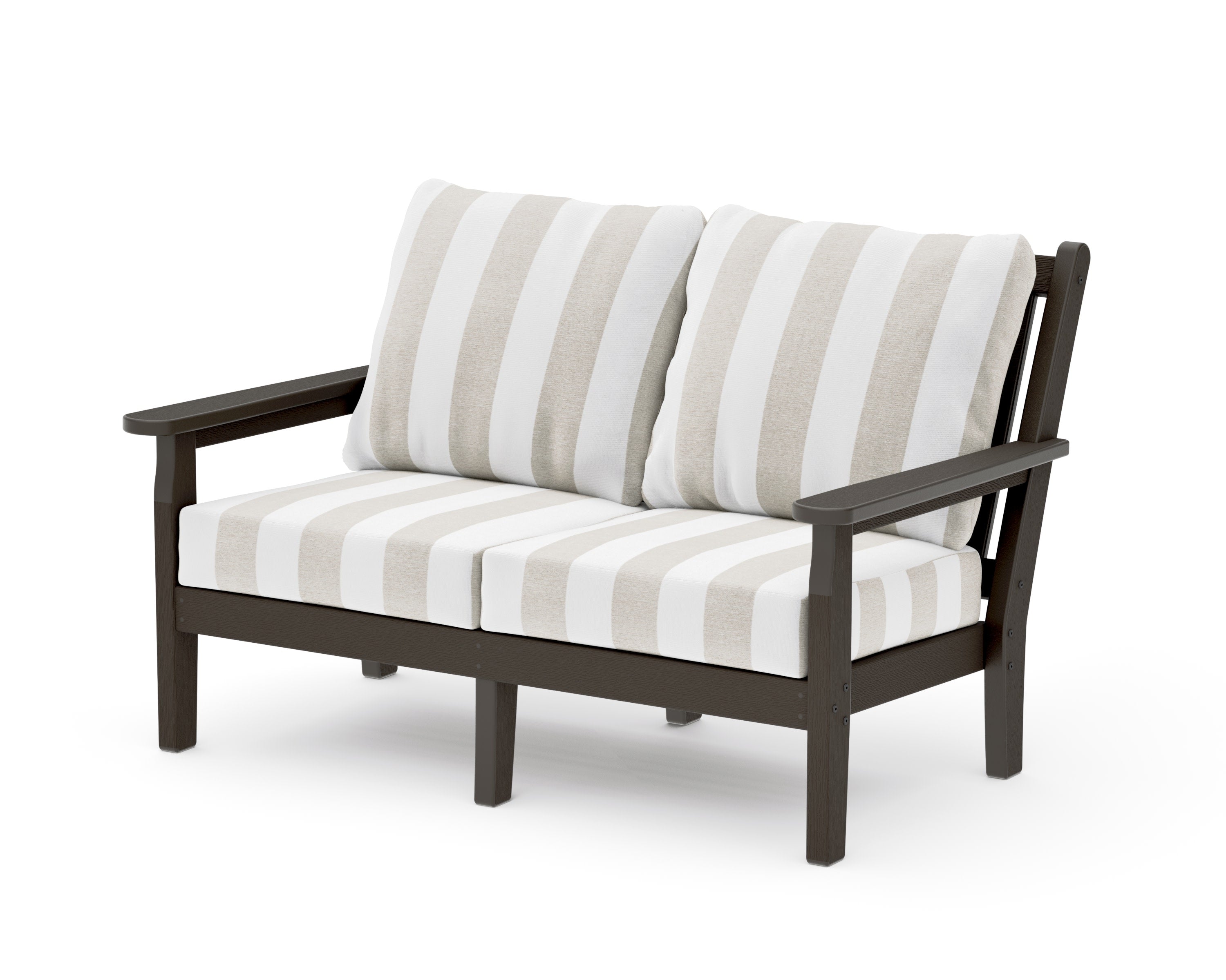 Chippendale Deep Seating Loveseat in Vintage Coffee / Cabana Stripe Dune Burlap