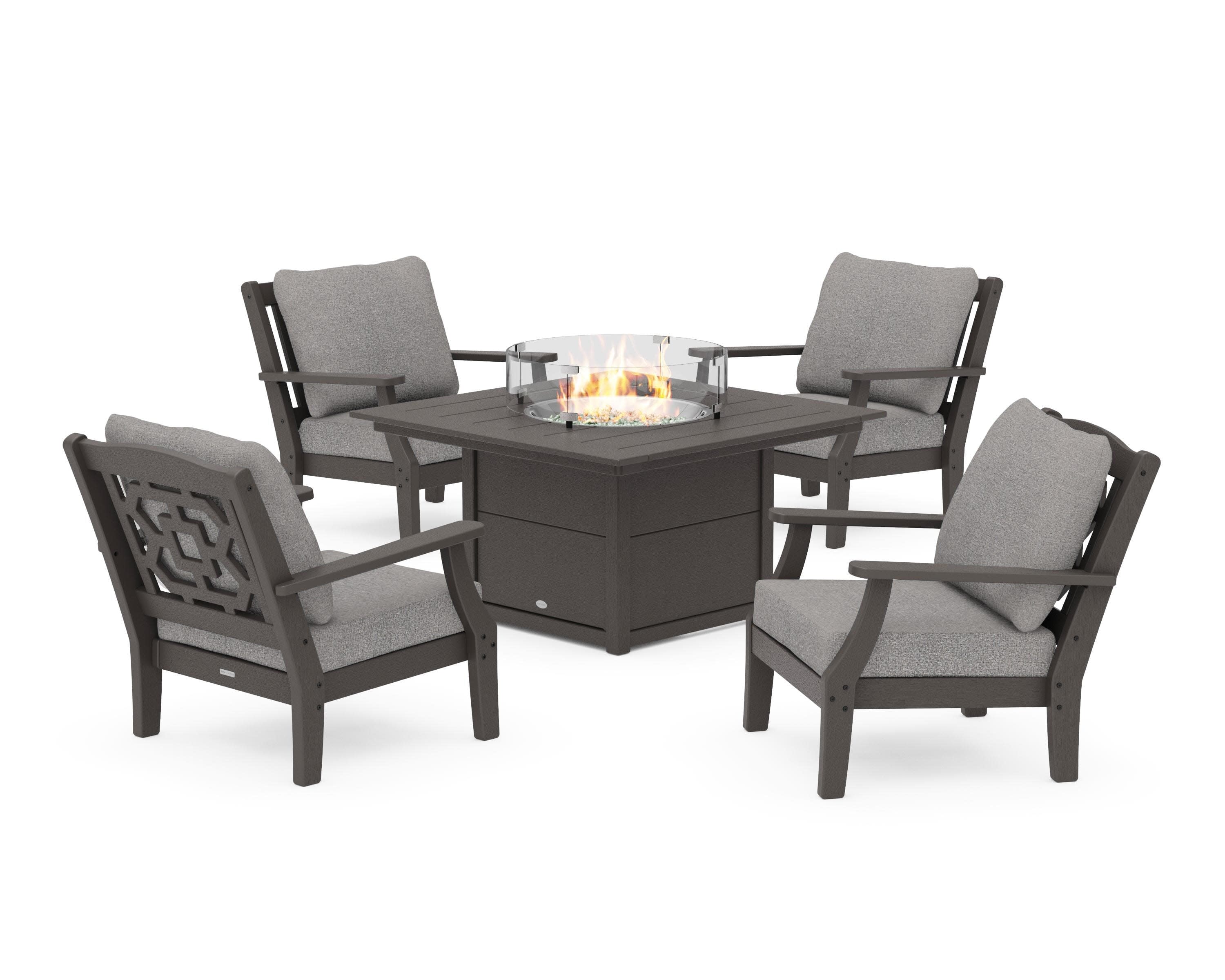 Chinoiserie 5-Piece Deep Seating Set with Fire Pit Table in Vintage Coffee / Grey Mist
