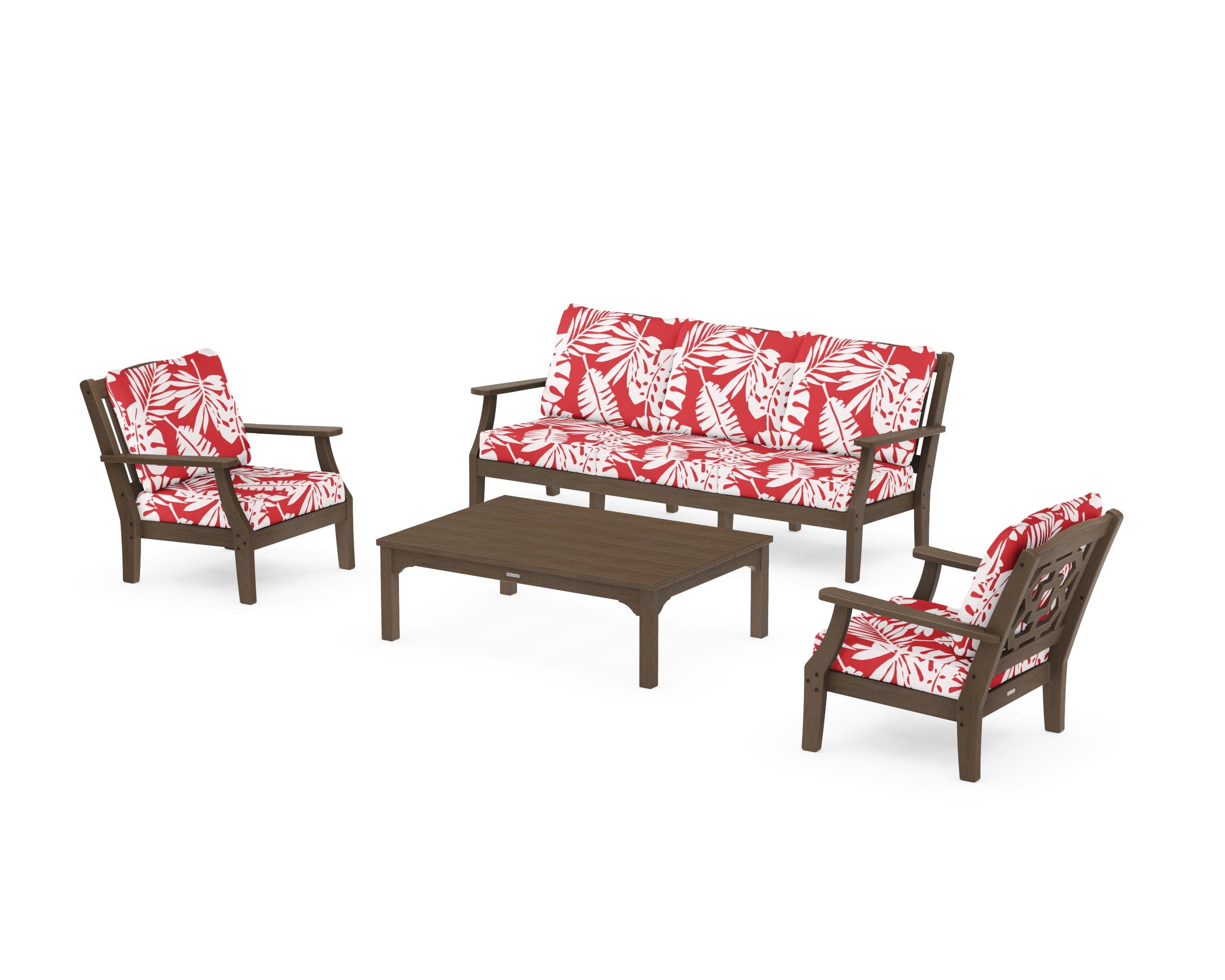 Chinoiserie 4-Piece Deep Seating Set with Sofa in Kona / Leaf Crimson
