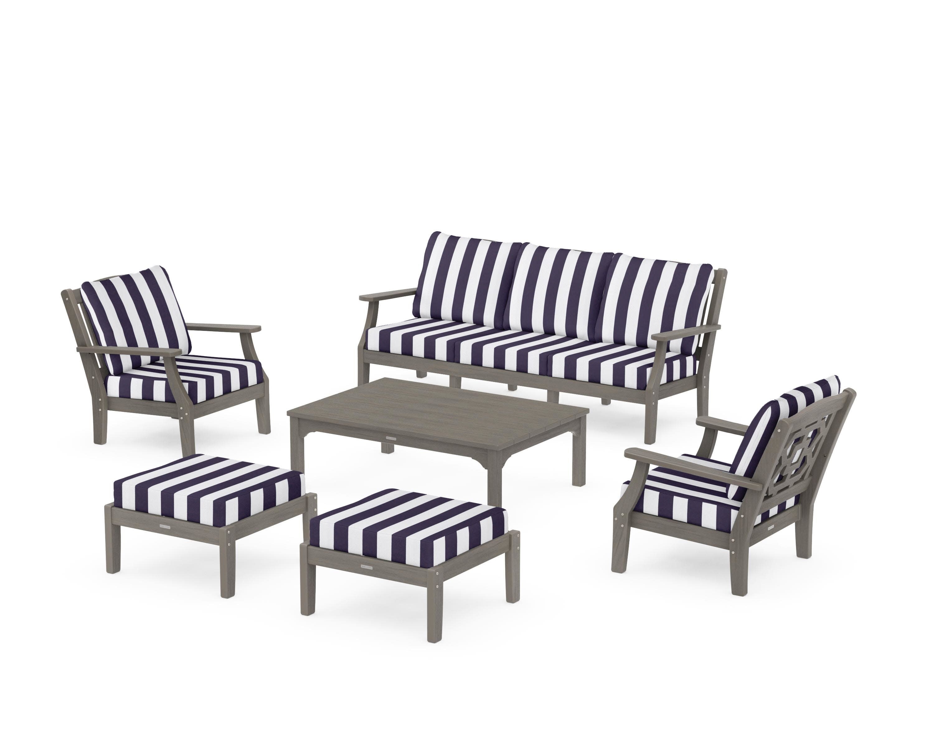 Chinoiserie 6-Piece Lounge Sofa Set in Driftwood / Cabana Stripe Navy