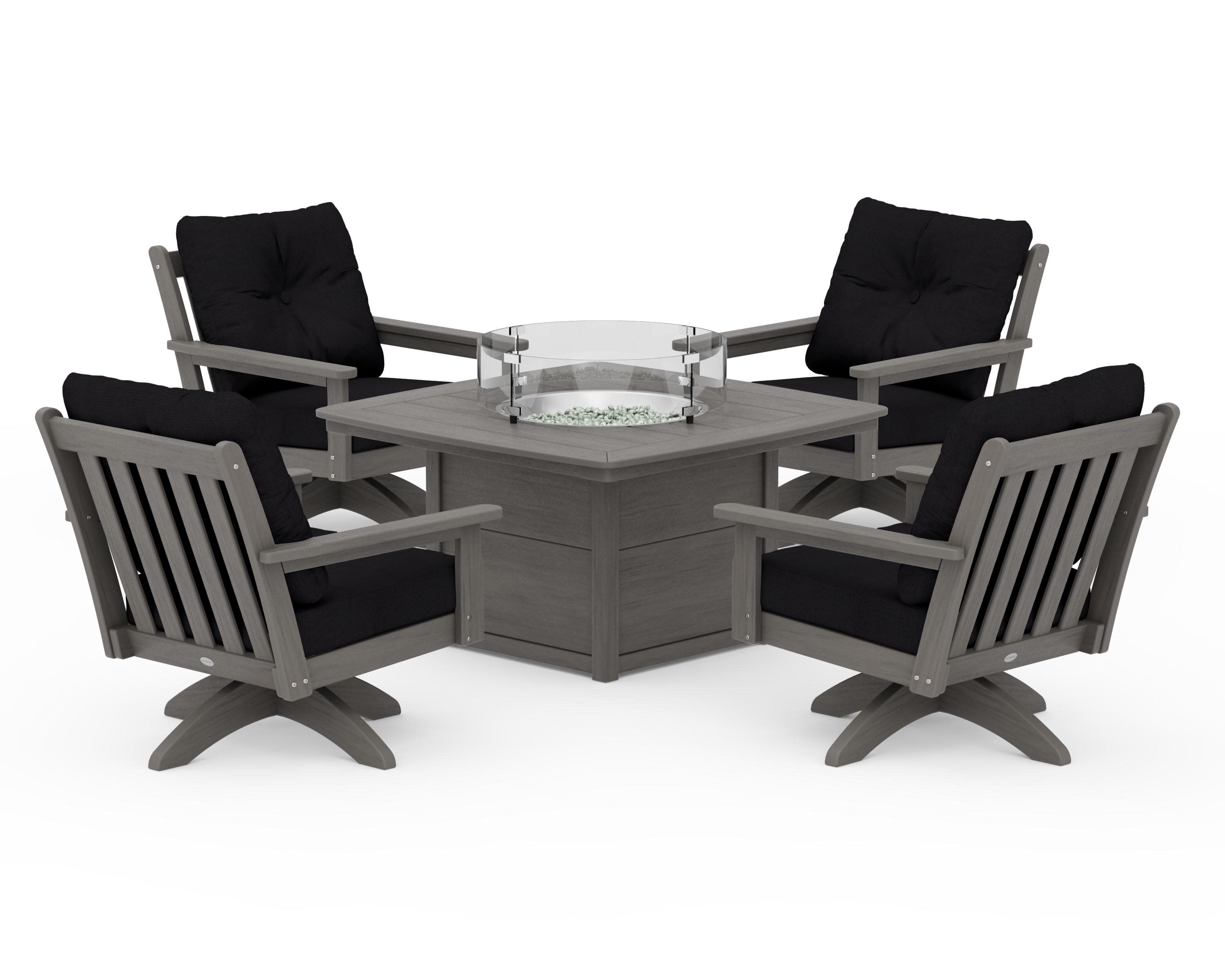 Vineyard 5-Piece Deep Seating Swivel Conversation Set with Fire Pit Table in Driftwood / Midnight Linen